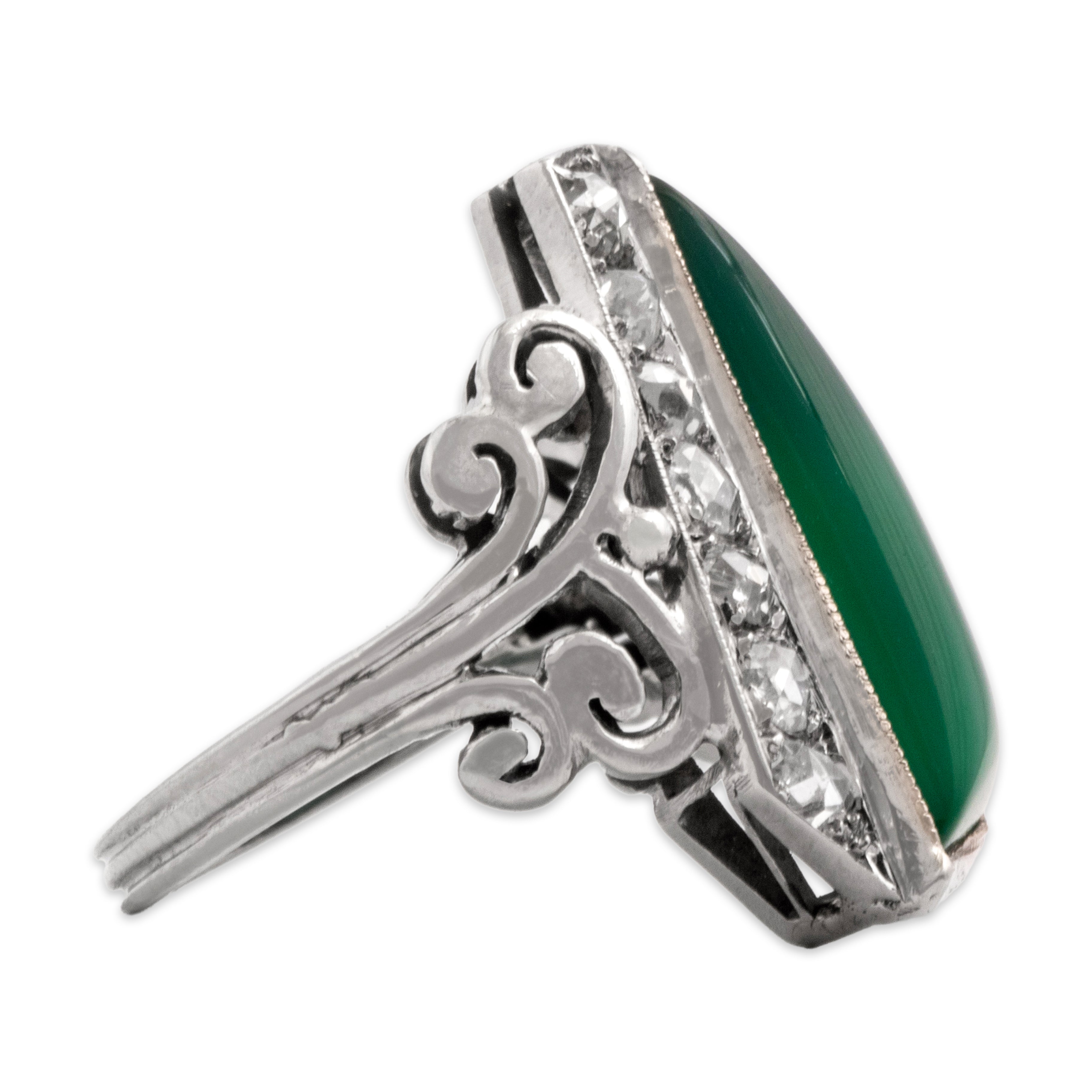 Antique 14k White Gold 3.39ct Green Chalcedony Rose Cut Diamond Angular Artistic Scroll Ring - Side view
