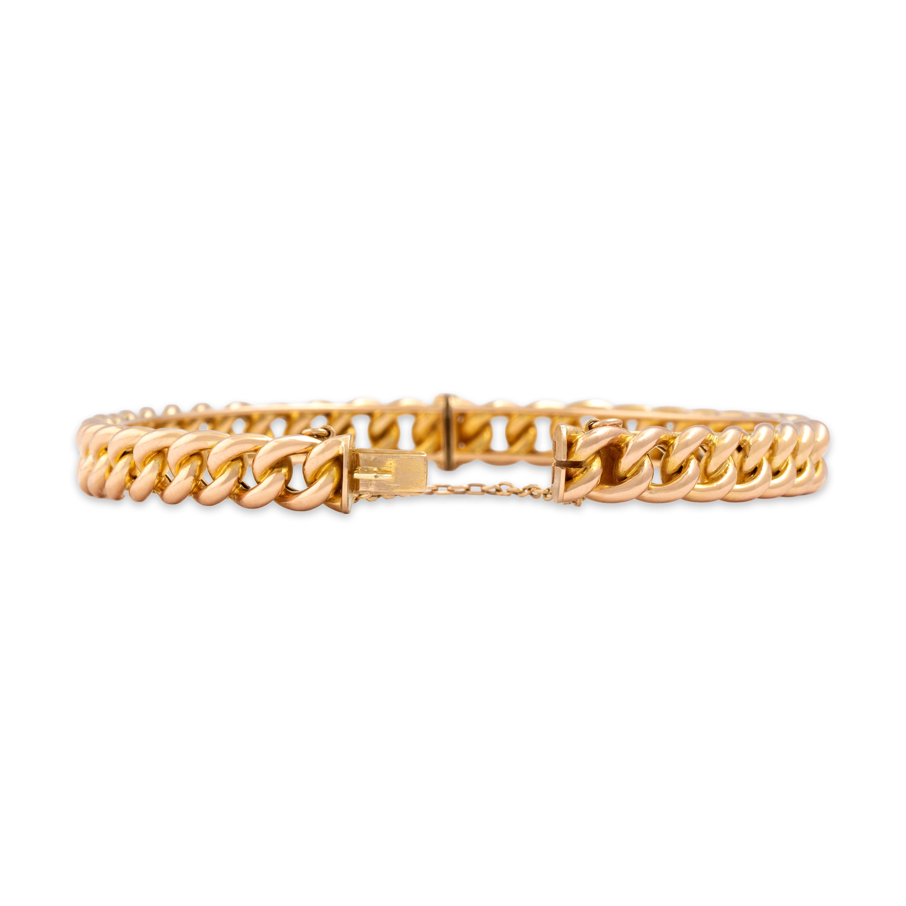 Antique Bold Large Gleaming 15k Rosy Yellow Gold Curb Chain Bangle Bracelet - clasp view