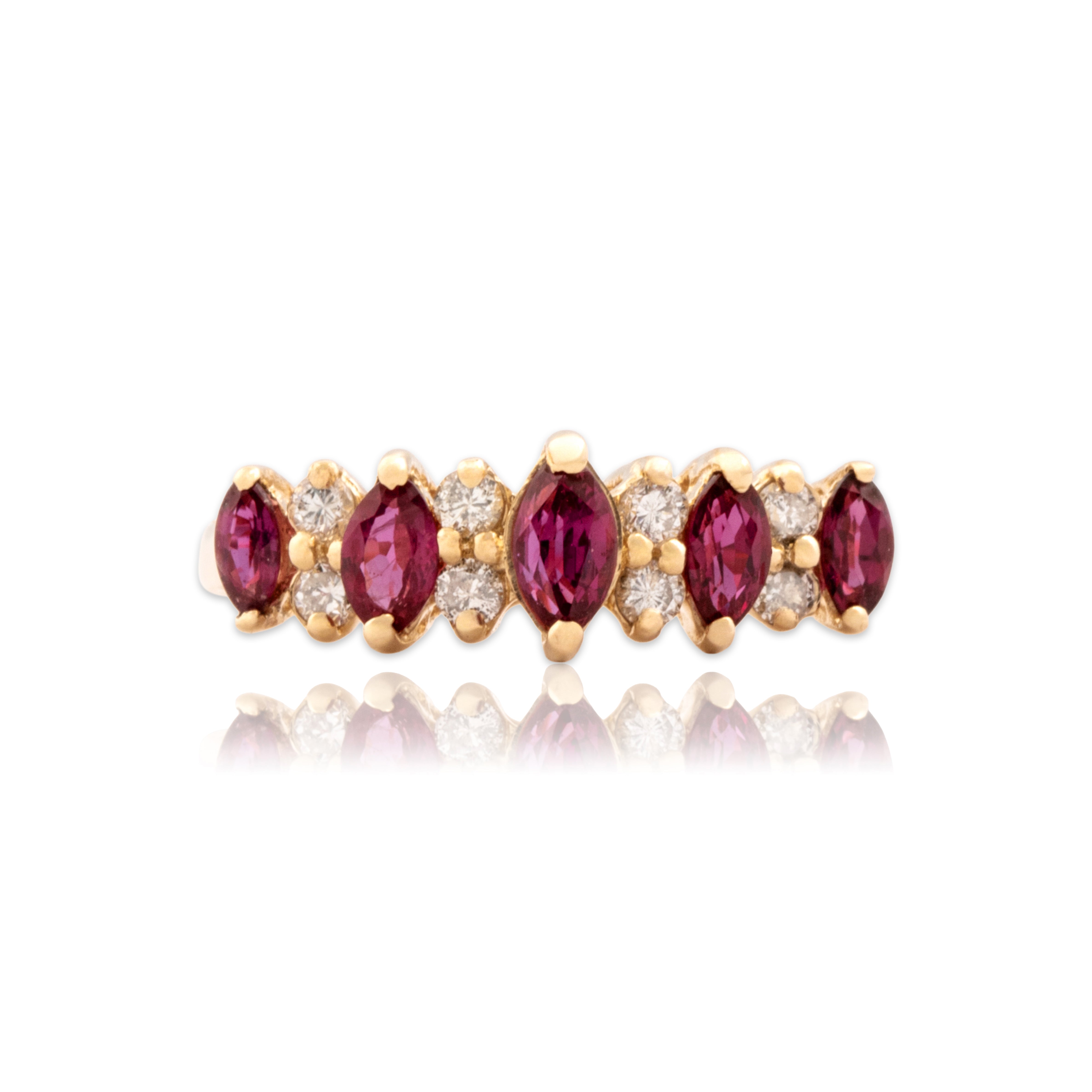Vintage 14k Yellow Gold Ruby Diamond Graduating Scarlet Marquise Ring 5.50