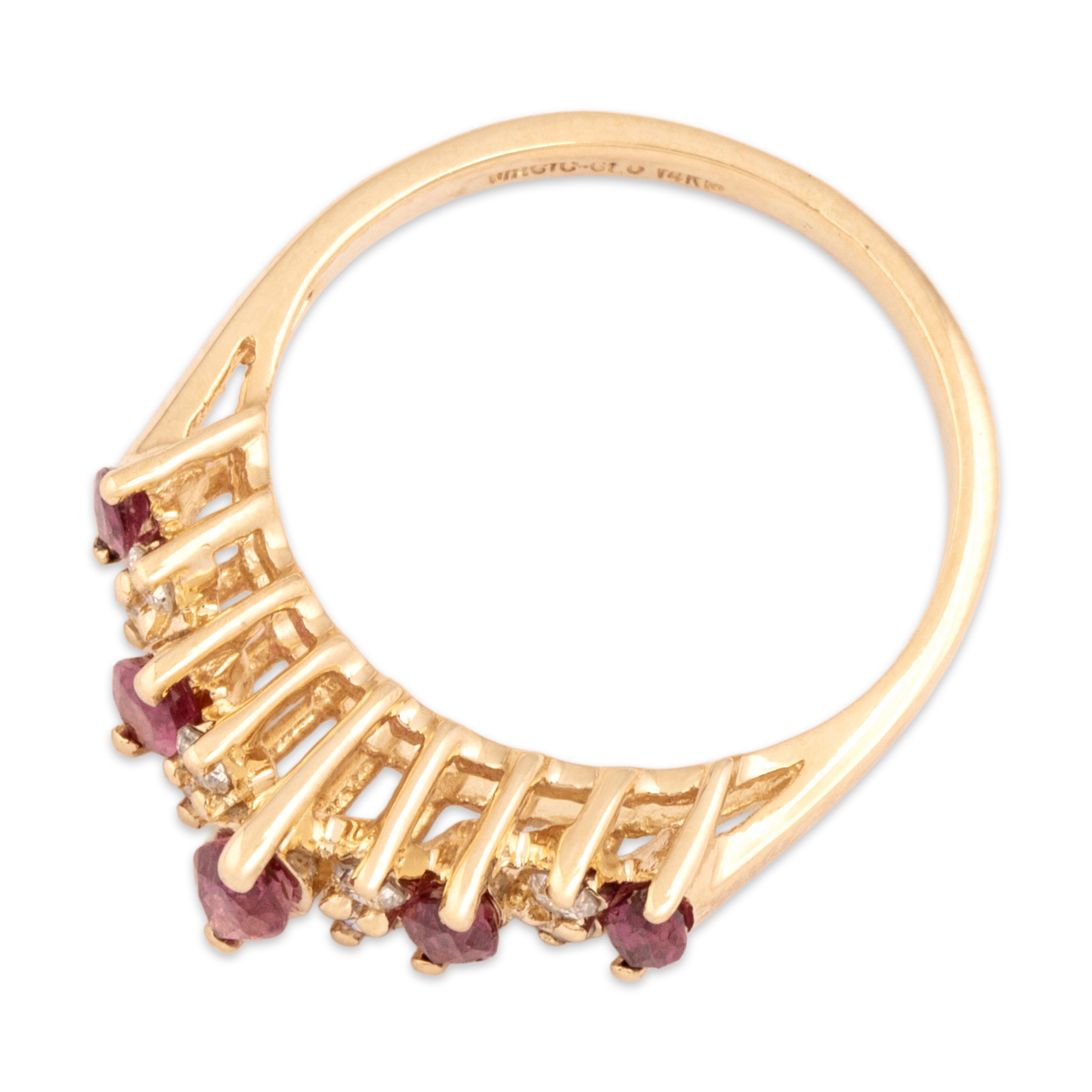 Vintage 14k Yellow Gold Ruby Diamond Stacked Graduating Scarlet Marquise Ring - Overall view