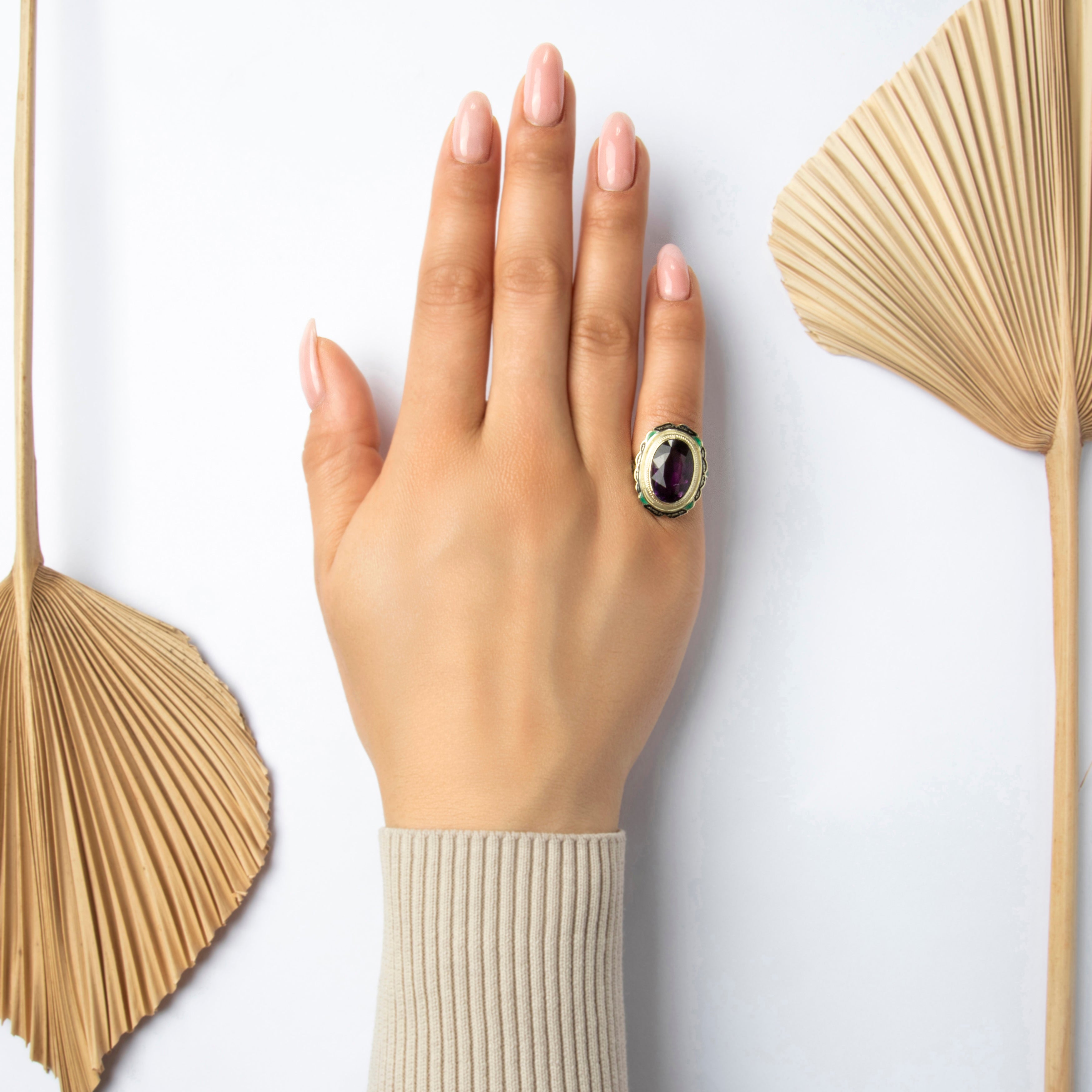 Large Vintage 14k Yellow Gold Amethyst Black & Green Enamel Frame Cocktail Ring - On model view