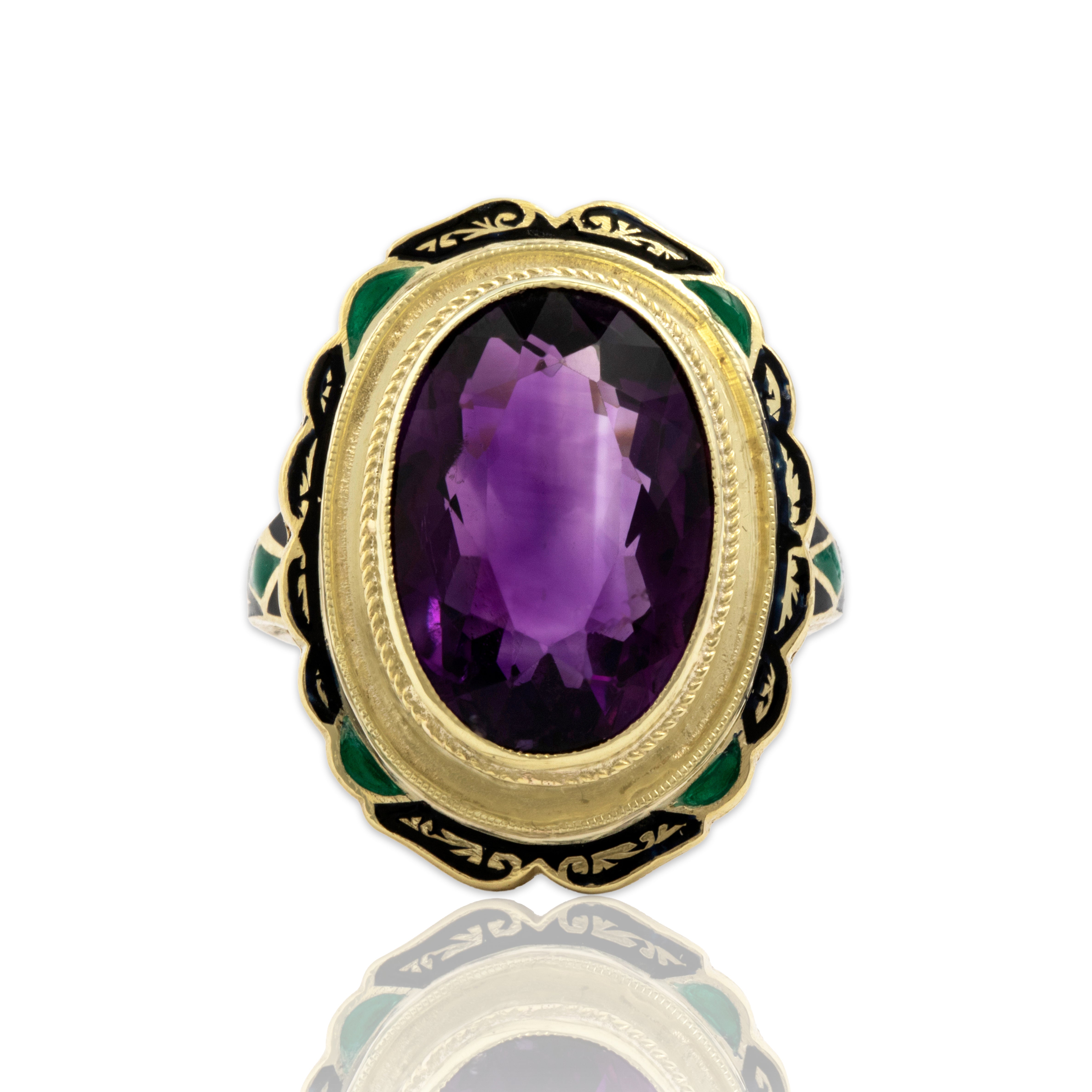 Large Vintage 14k Yellow Gold Amethyst Black & Green Enamel Frame Cocktail Ring - Close-up view