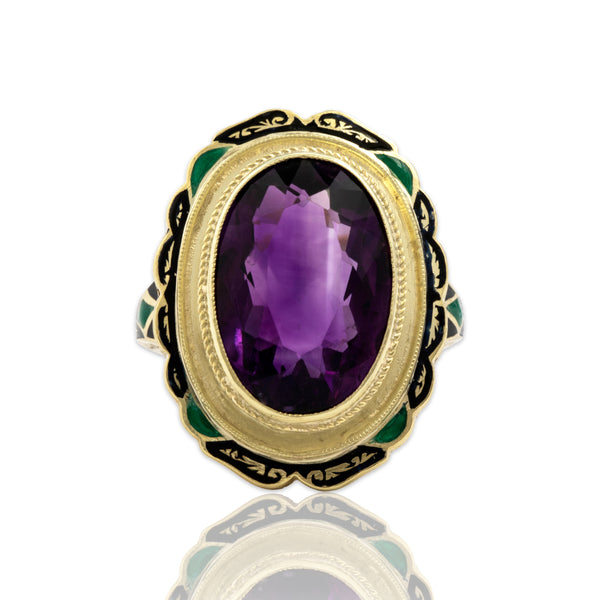 Vintage Large 14k Yellow Gold 6.97ct Amethyst Enamel Frame Cocktail Ring 6.00