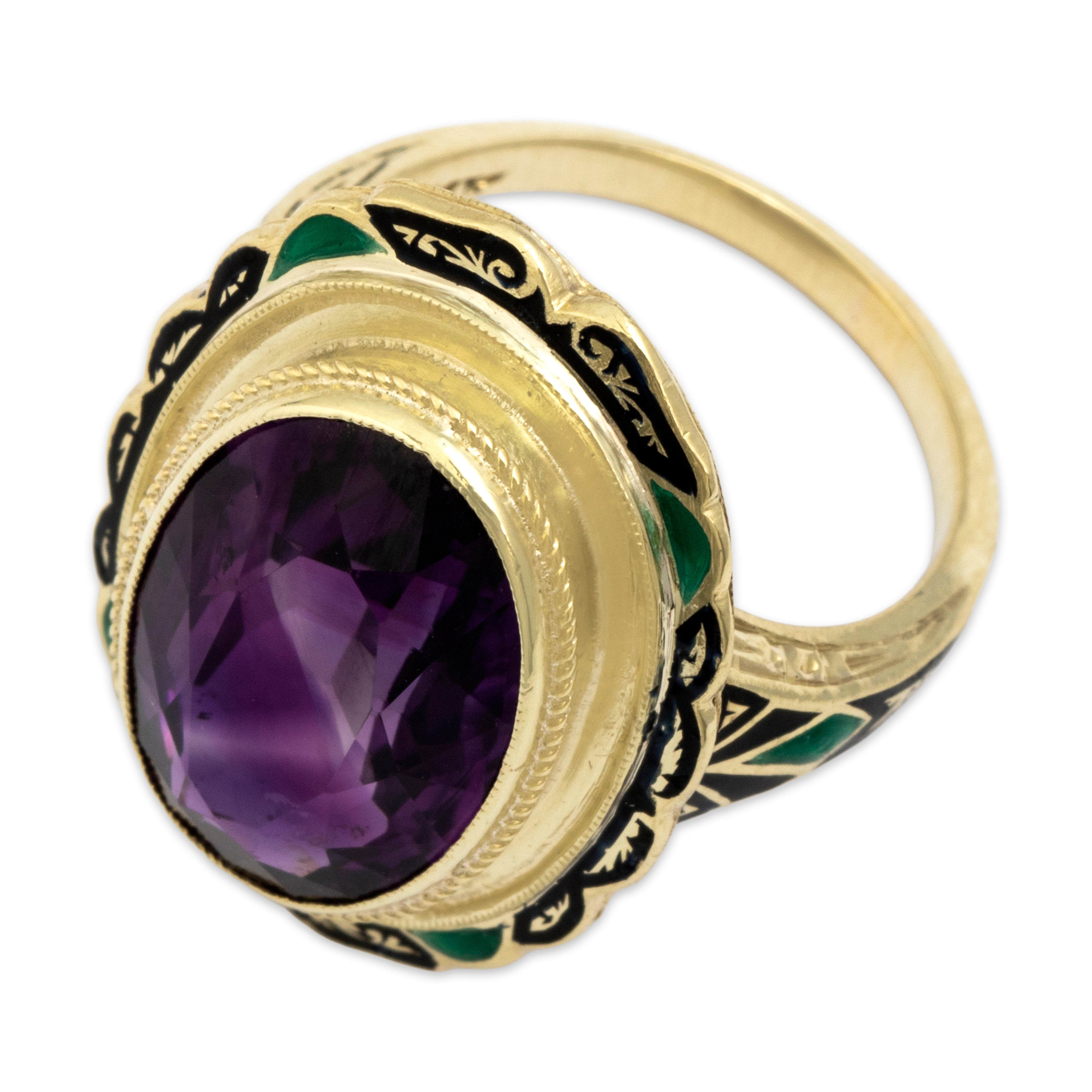 Large Vintage 14k Yellow Gold Amethyst Black & Green Enamel Frame Cocktail Ring - Overall view