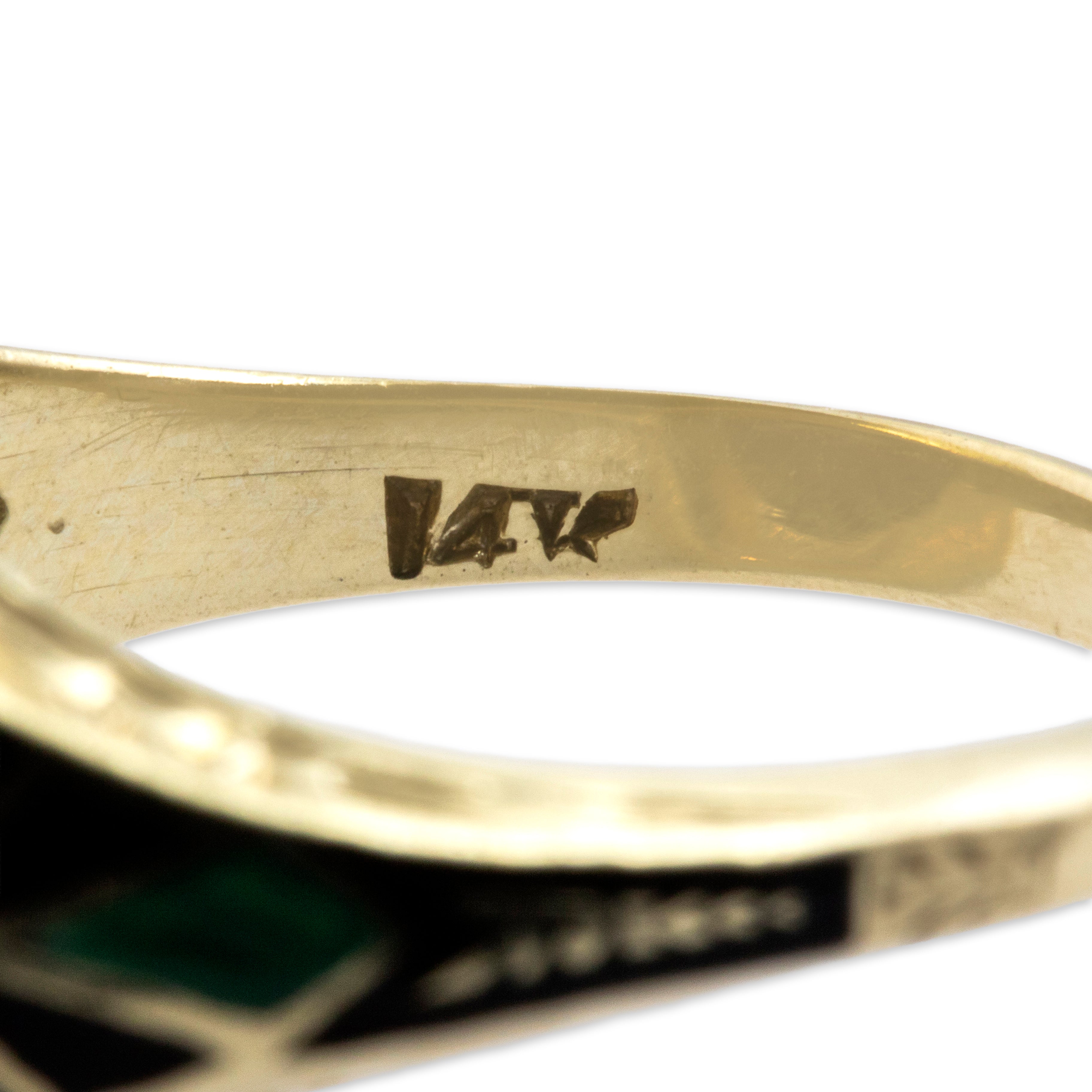 Large Vintage 14k Yellow Gold Amethyst Black & Green Enamel Frame Cocktail Ring - Hallmark view