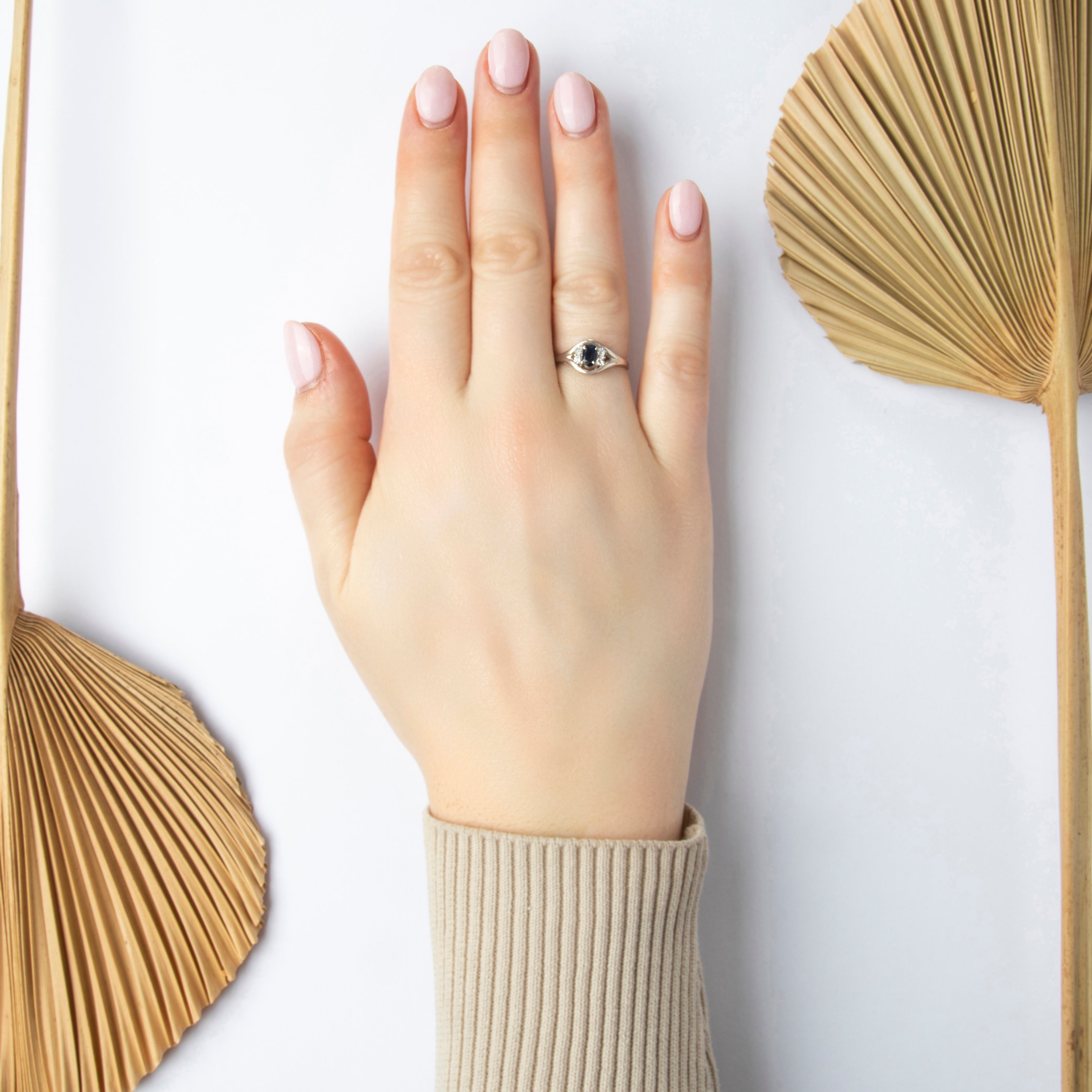 Vintage 14k White Gold Blue Sapphire Diamond Circle Halo Ring - On model view