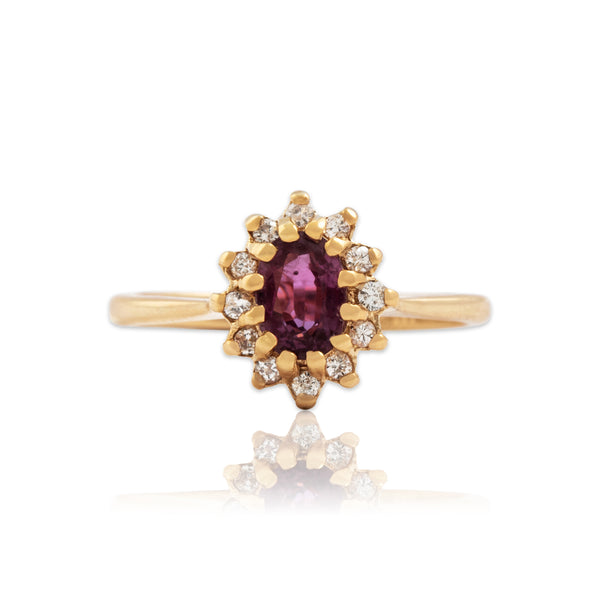Vintage 14k Yellow Gold .52ct Ruby Diamond Dazzling Oval Halo Ring 4.75