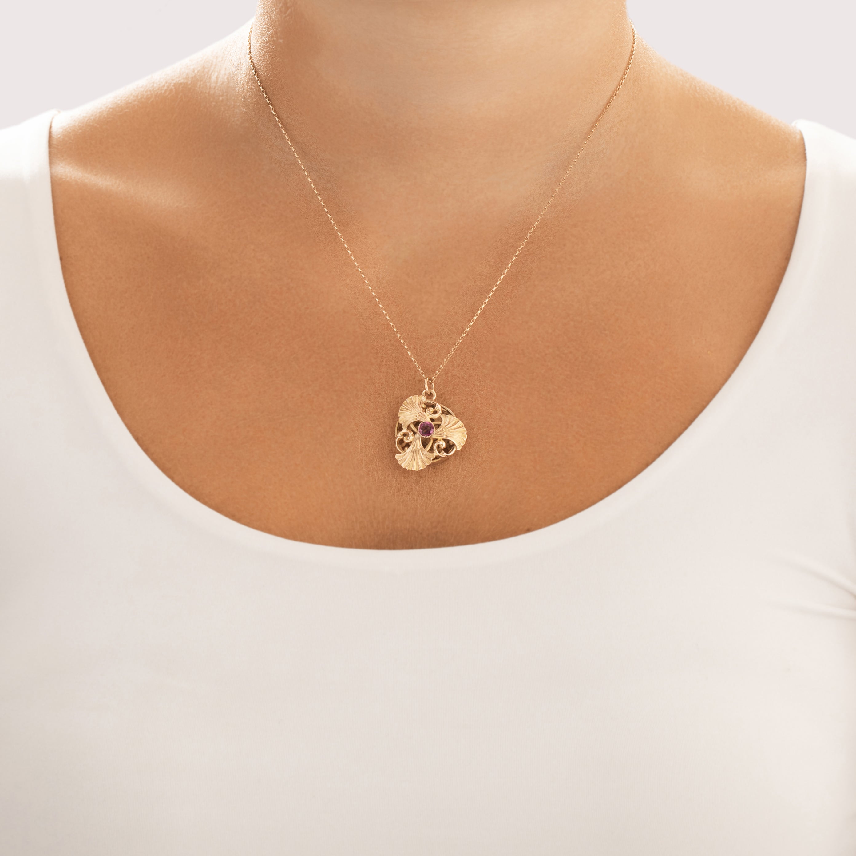 Antique 14k & 10k Yellow Gold Pink Garnet Fanning Botanical Disc Pendant - On model view