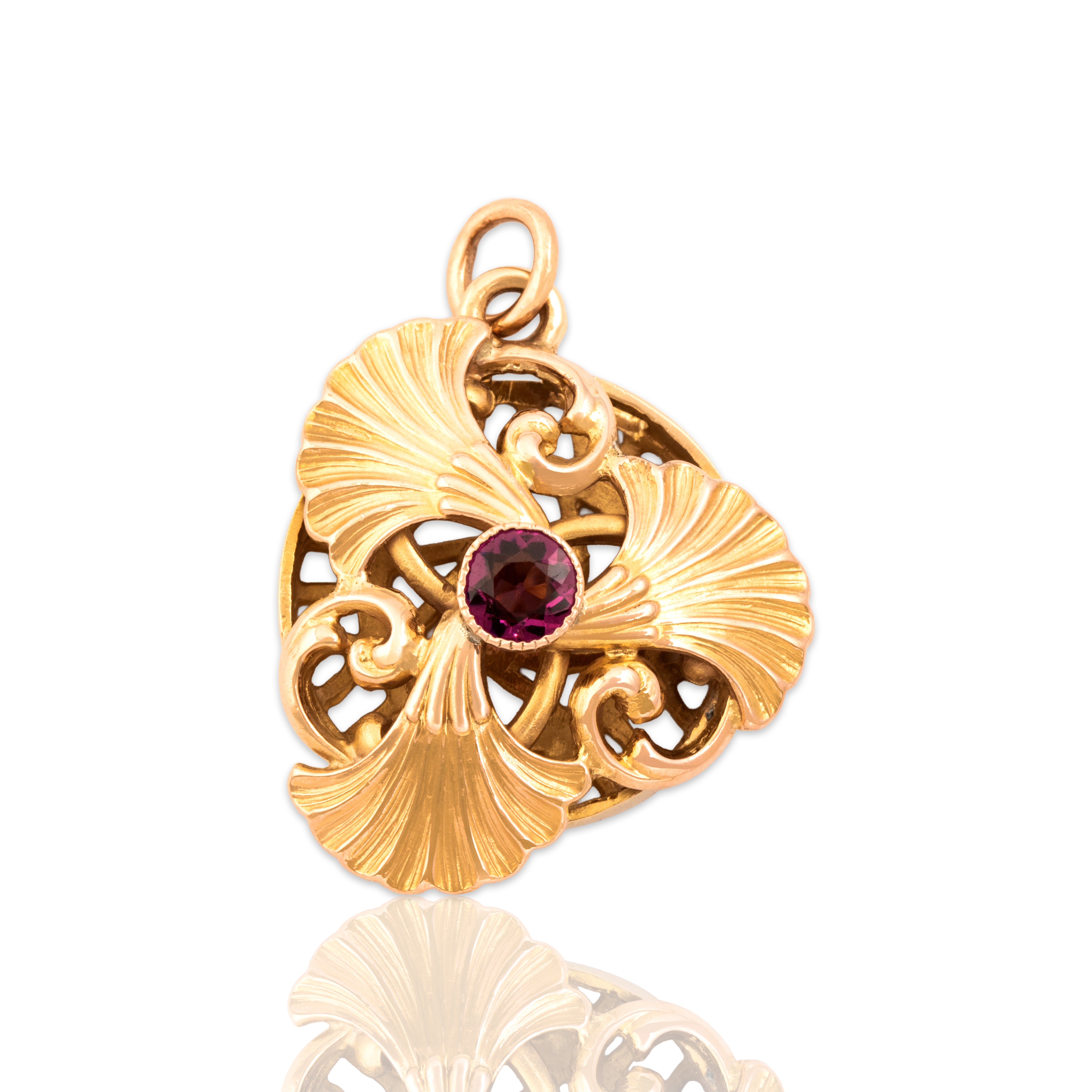 Antique 14k & 10k Rosy Yellow Gold Pink Garnet Fanning Botanical Disc Pendant