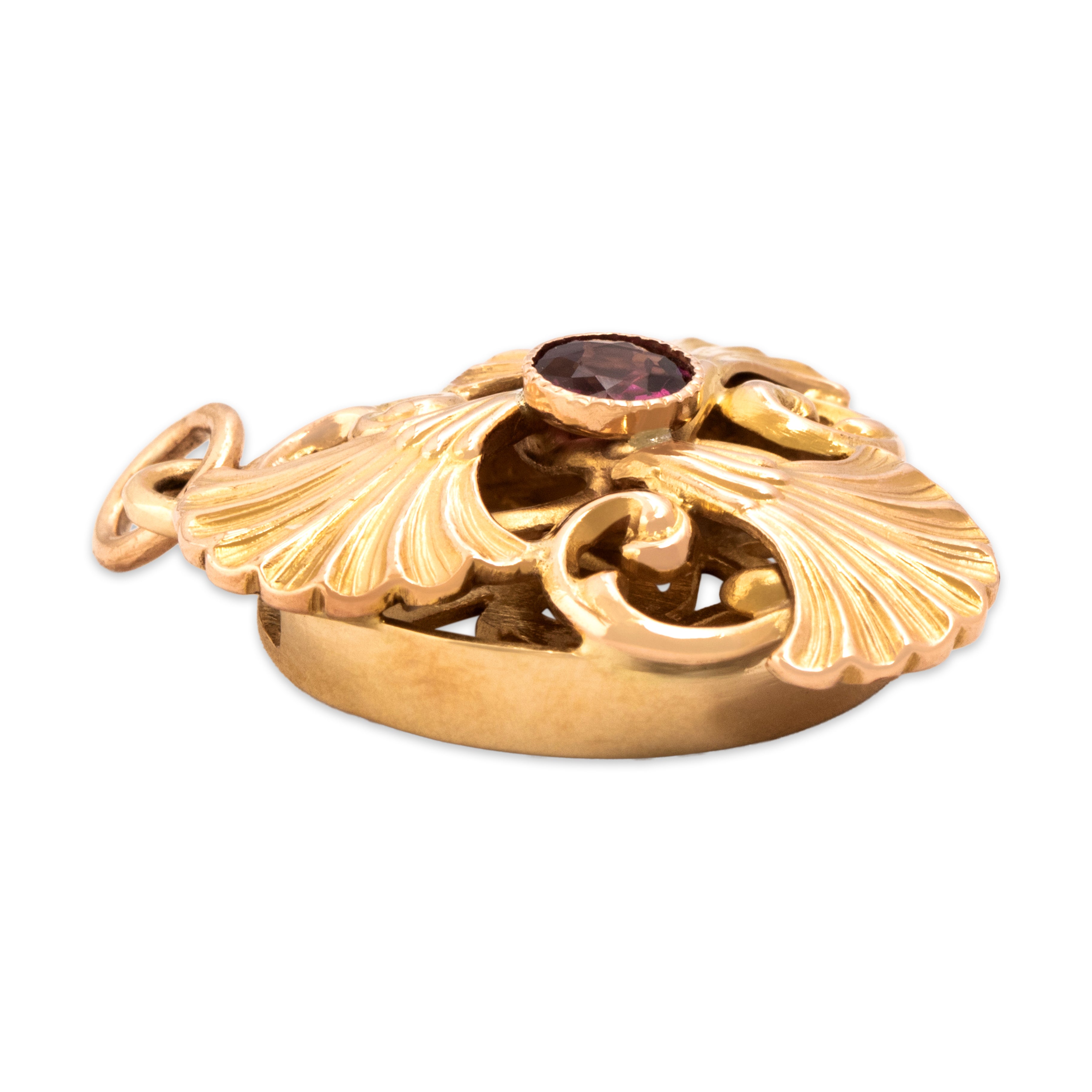 Antique 14k & 10k Rosy Yellow Gold Pink Garnet Fanning Botanical Disc Pendant