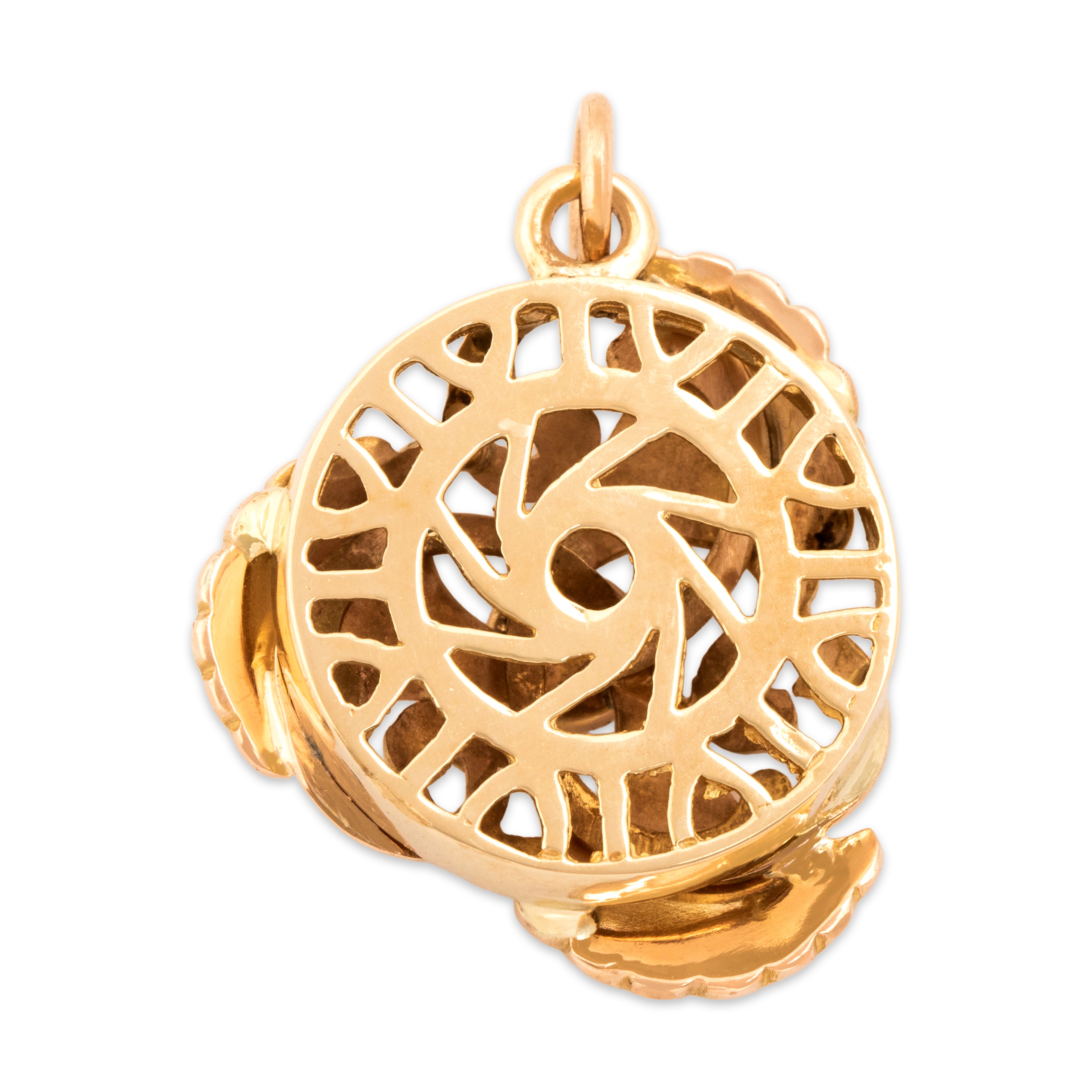 Antique 14k & 10k Rosy Yellow Gold Pink Garnet Fanning Botanical Disc Pendant
