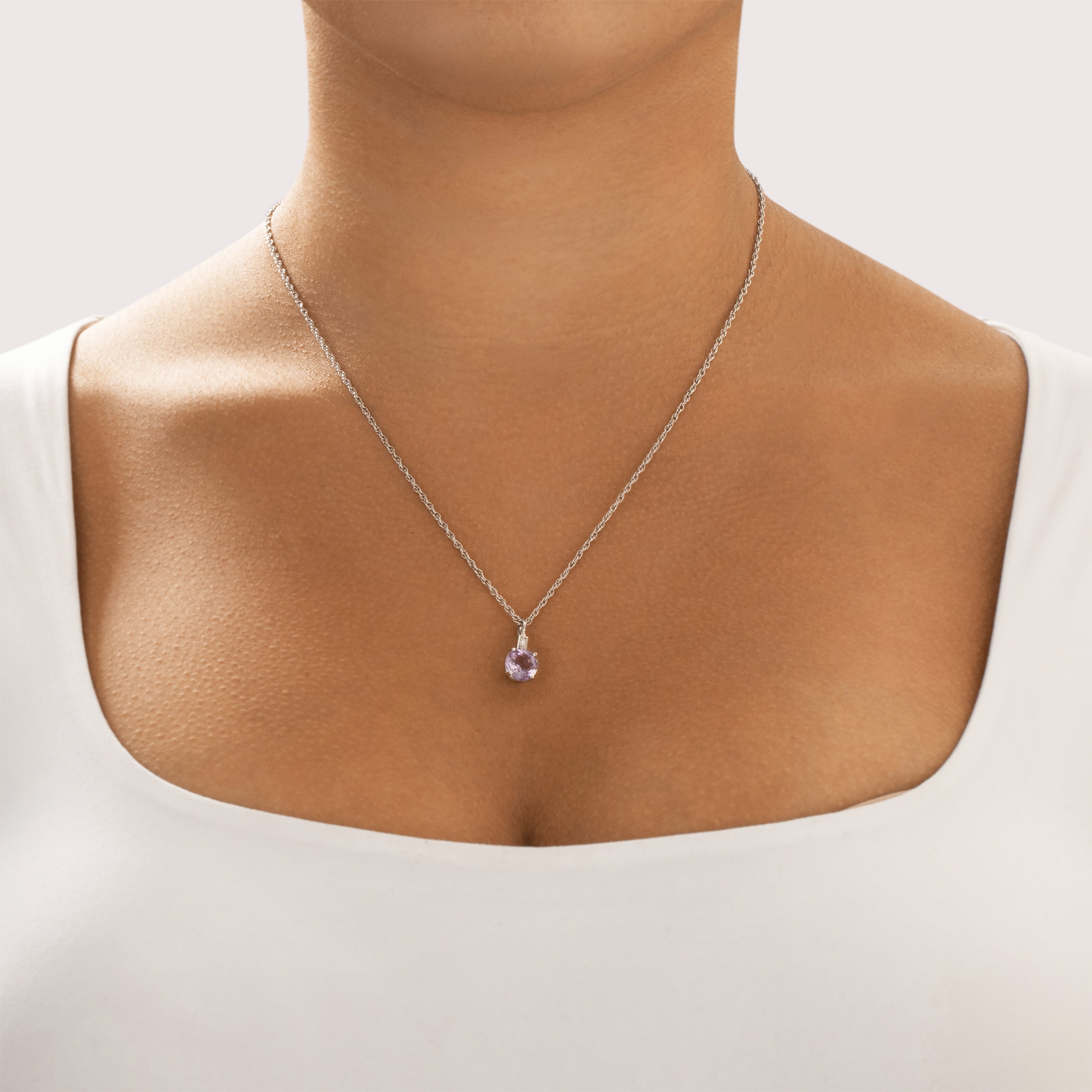 Vintage 14k White Gold 1.83ct Amethyst Diamond Sparkly Purple Drop Pendant - On model view