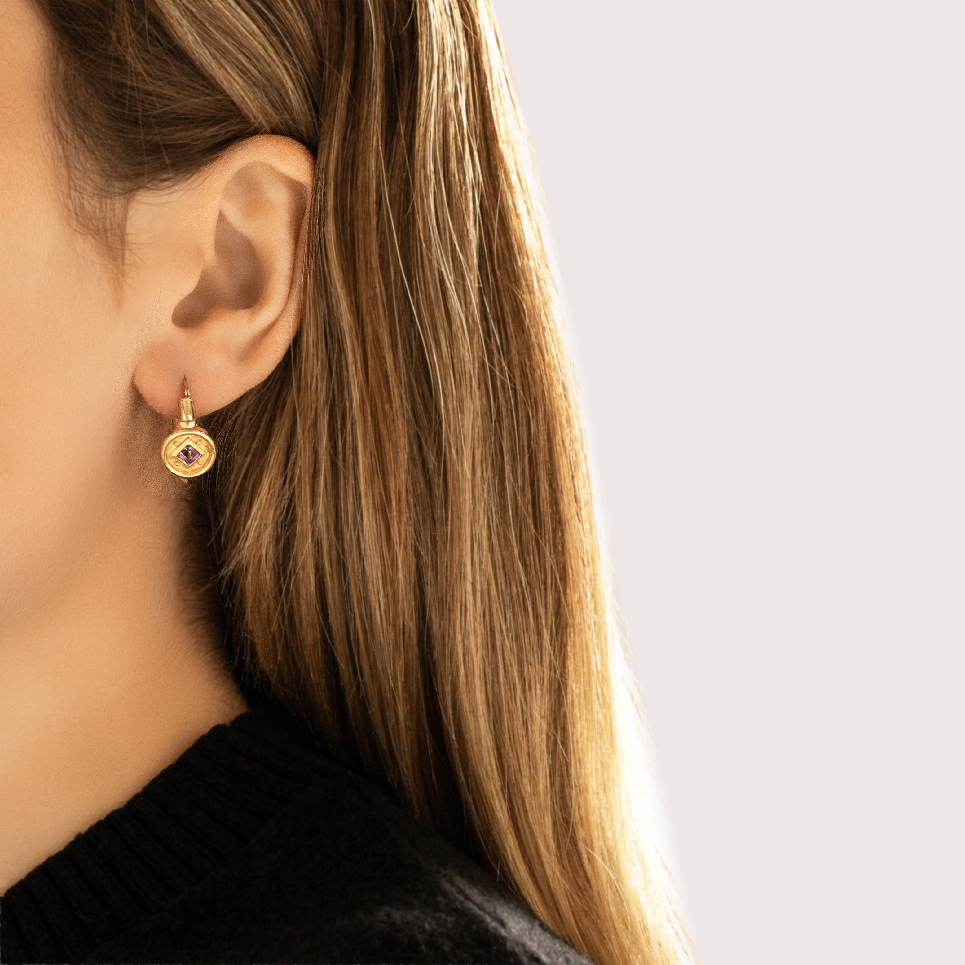 Vintage 14k Yellow Gold .59cttw Amethyst Incredible Adorned Disc Hoop Earrings - On model view