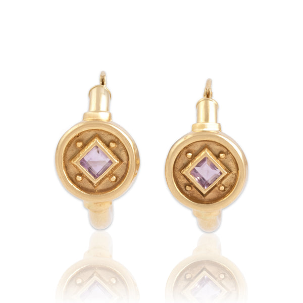 Vintage 14k Yellow Gold .59cttw Amethyst Incredible Adorned Disc Hoop Earrings