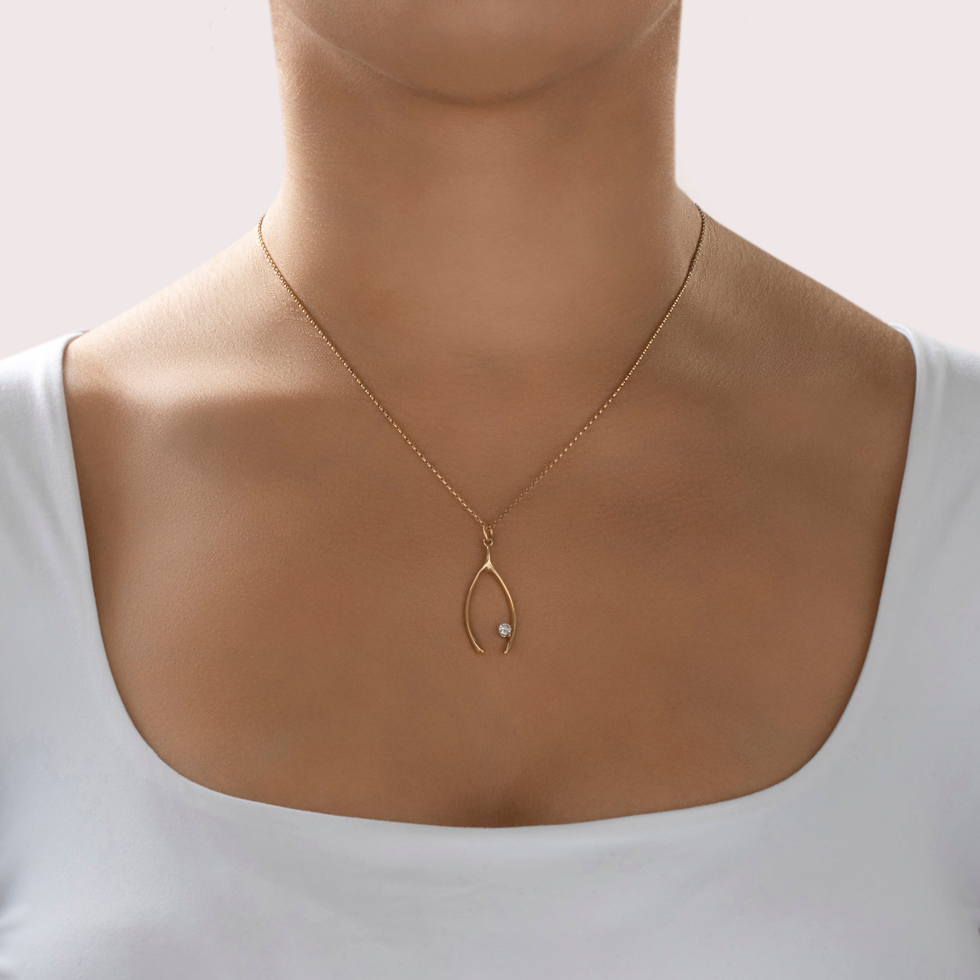 Vintage 14k Yellow Gold Diamond Large Dimensional Lucky Wishbone Charm / Pendant - On model view