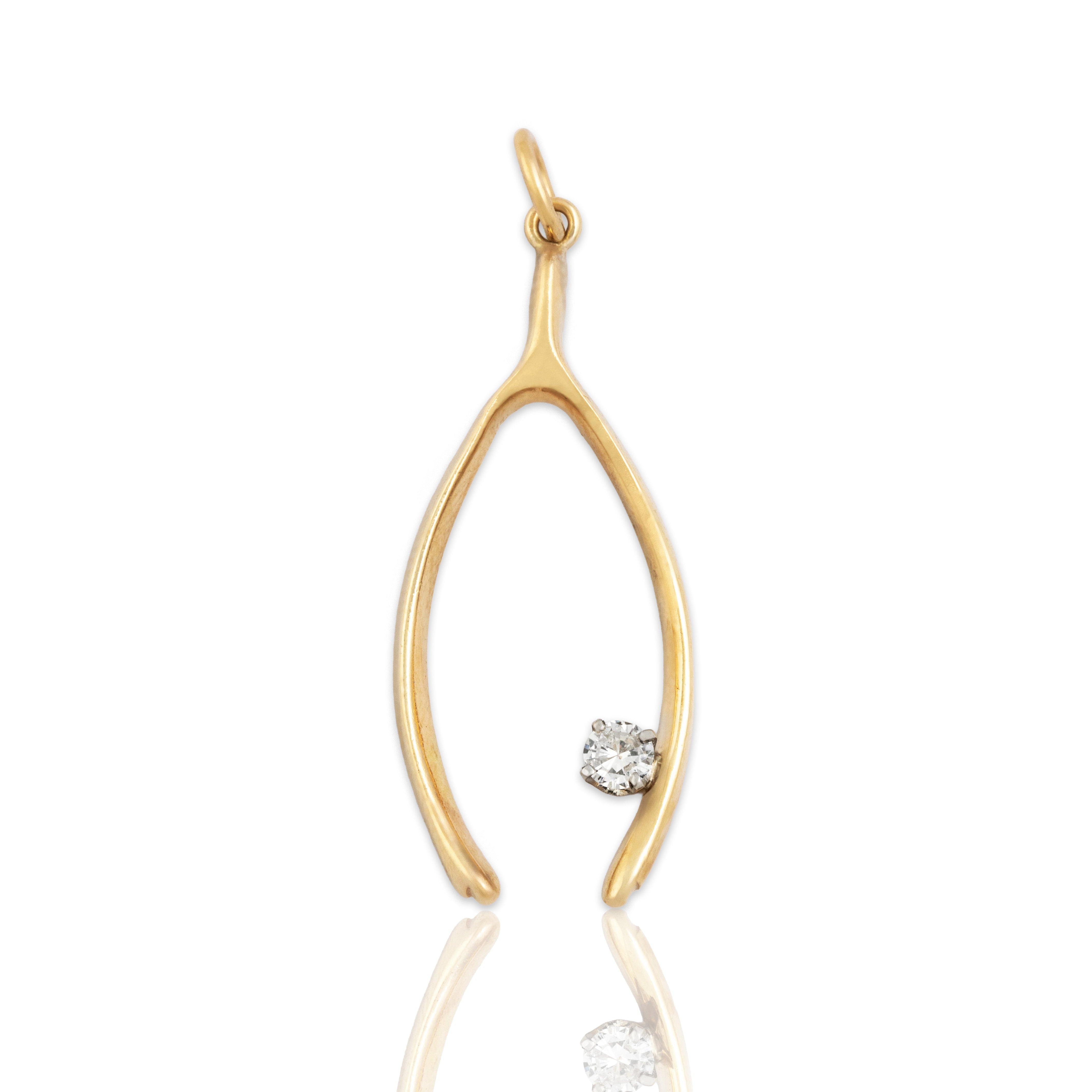 Vintage 14k Yellow Gold Diamond Large Lucky Wishbone Charm / Pendant