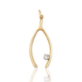 Vintage 14k Yellow Gold Diamond Large Lucky Wishbone Charm / Pendant