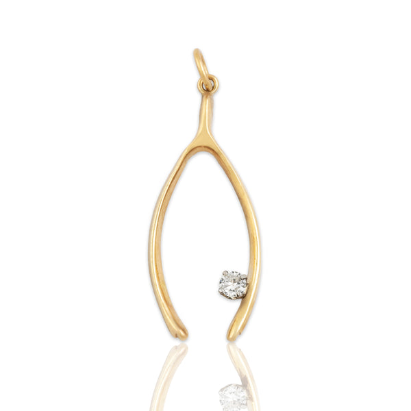 Vintage 14k Yellow Gold Diamond Large Lucky Wishbone Charm / Pendant
