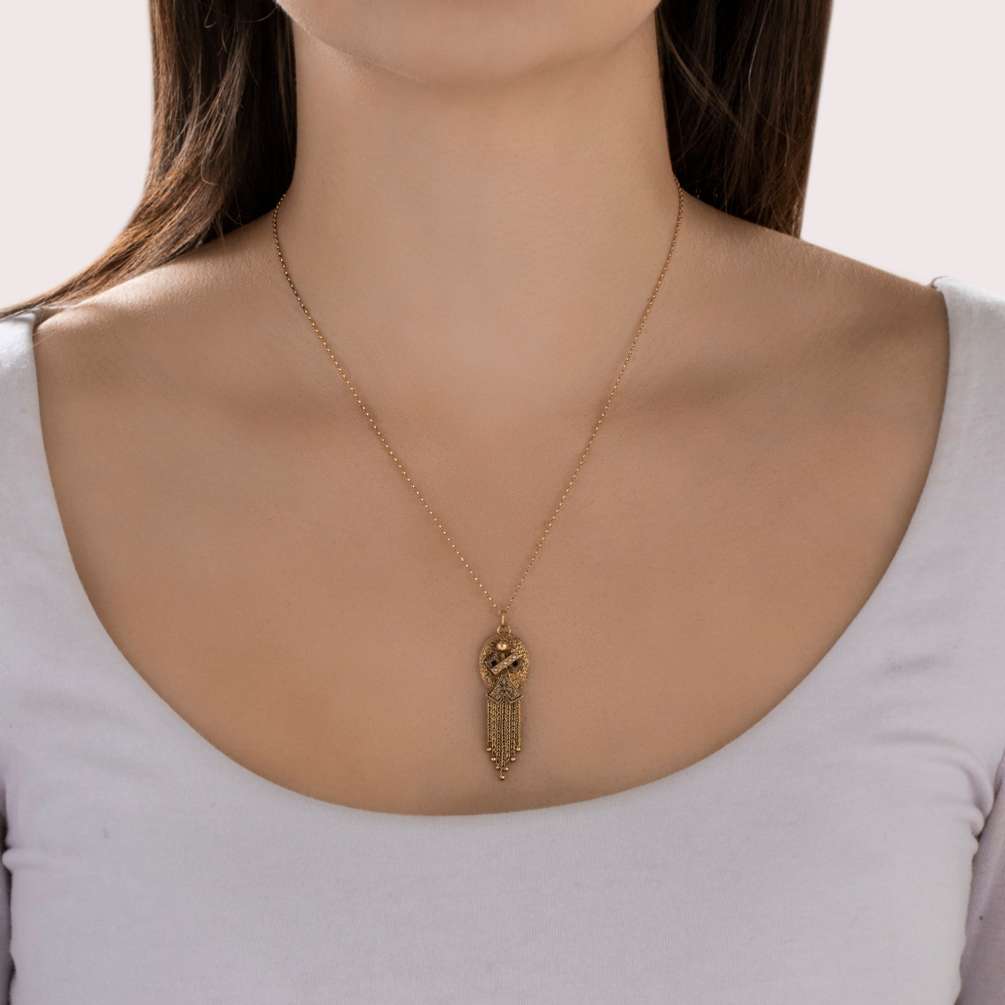 Antique Victorian 14k Yellow Gold Pearl Textured Black Enamel Fringe Pendant - On model view