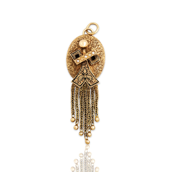 Antique Victorian 14k Yellow Gold Pearl Textured Black Enamel Fringe Pendant