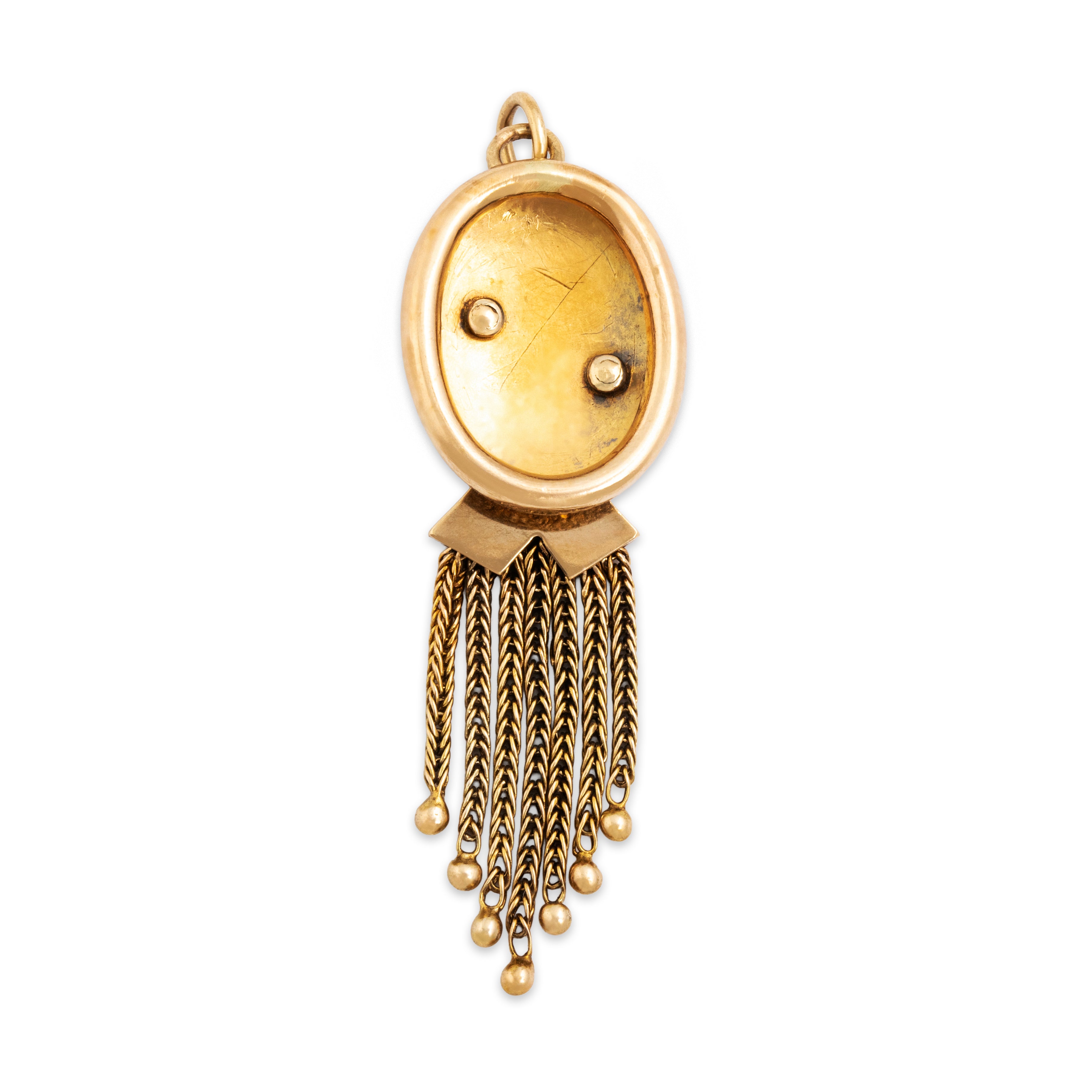 Antique Victorian 14k Yellow Gold Pearl Textured Black Enamel Fringe Pendant - Back view