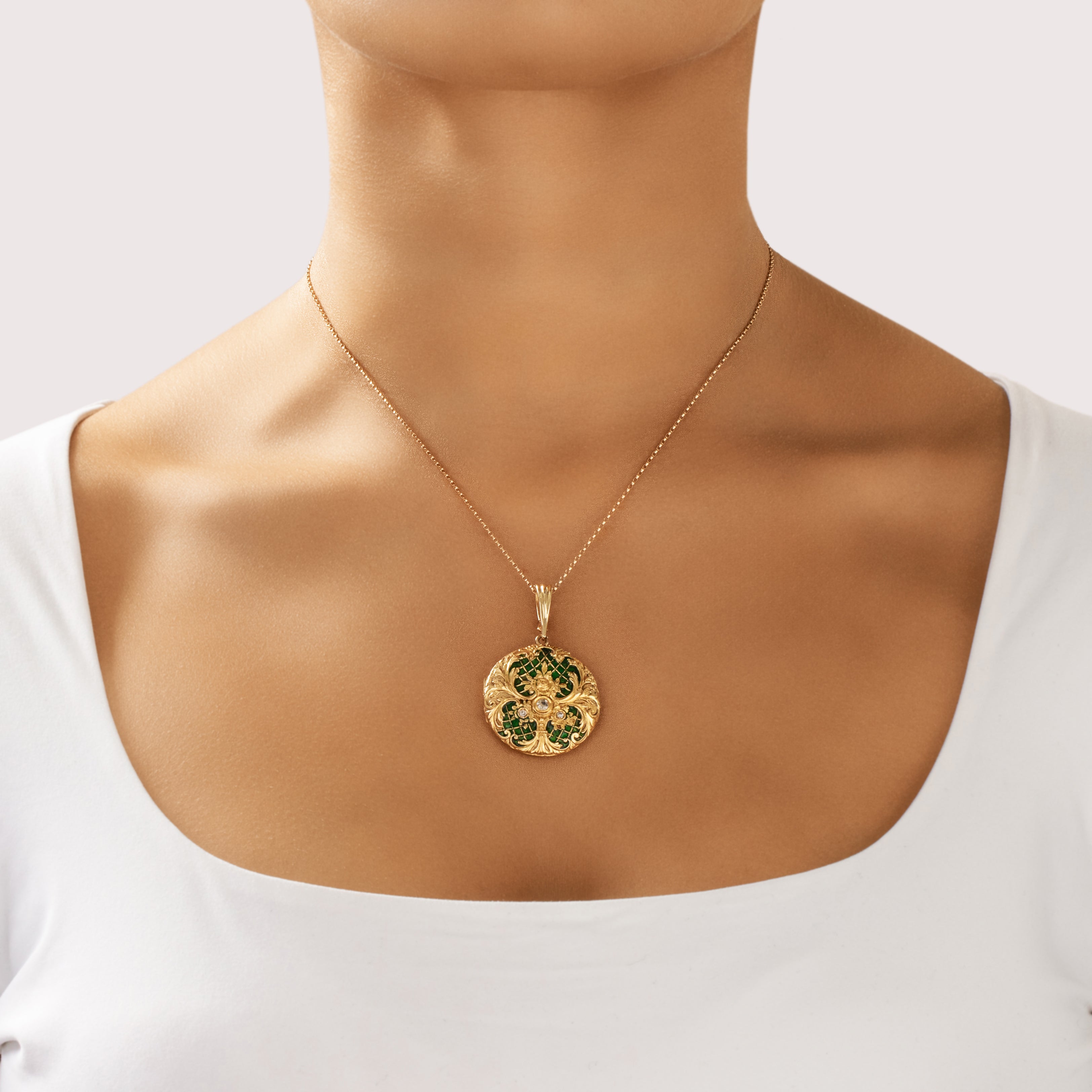 Antique Victorian French Large 18k & 14k Yellow Gold Old Mine Cut Diamond Rose Cut Diamond Ornate Monogrammed Green Enamel Locket Pendant - On model view