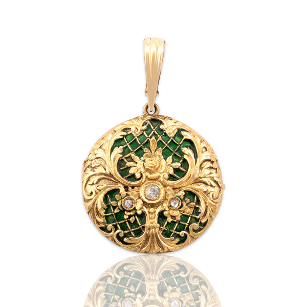 Antique French Large 18k & 14k Yellow Gold Old Mine Diamond Ornate Enamel Locket