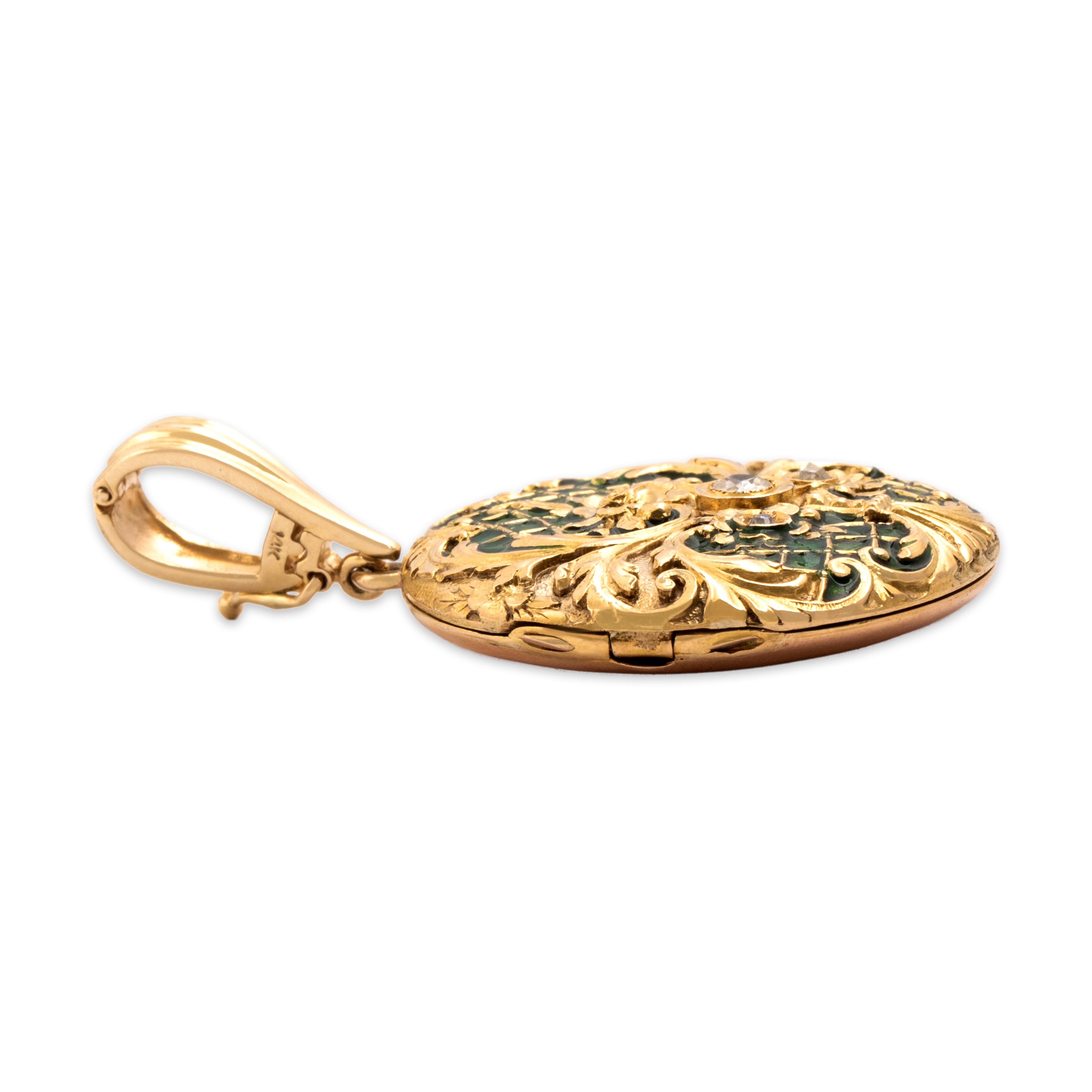Antique Victorian French Large 18k & 14k Yellow Gold Old Mine Cut Diamond Rose Cut Diamond Ornate Monogrammed Green Enamel Locket Pendant - Side view