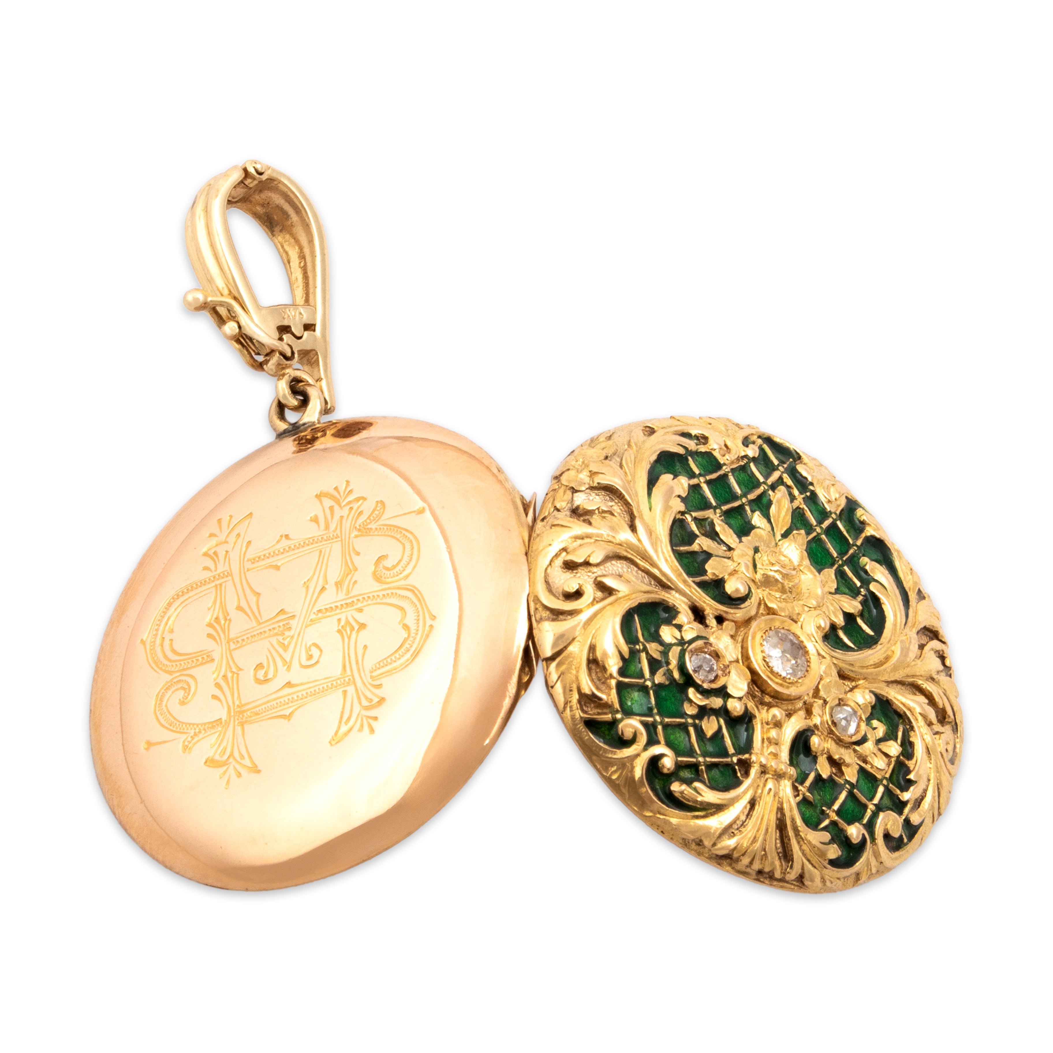 Antique Victorian French Large 18k & 14k Yellow Gold Old Mine Cut Diamond Rose Cut Diamond Ornate Monogrammed Green Enamel Locket Pendant - detail view #2