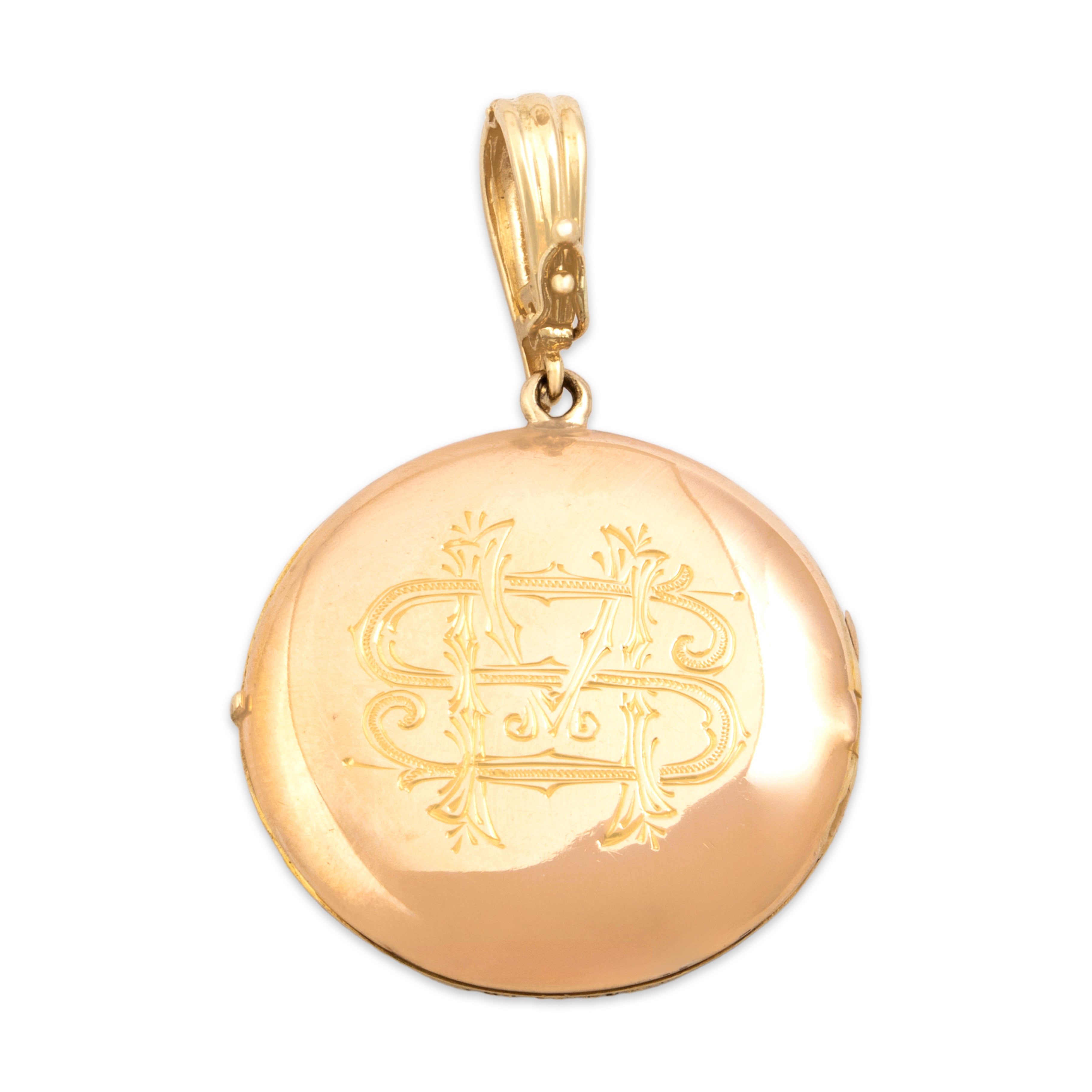 Antique Victorian French Large 18k & 14k Yellow Gold Old Mine Cut Diamond Rose Cut Diamond Ornate Monogrammed Green Enamel Locket Pendant - Back view