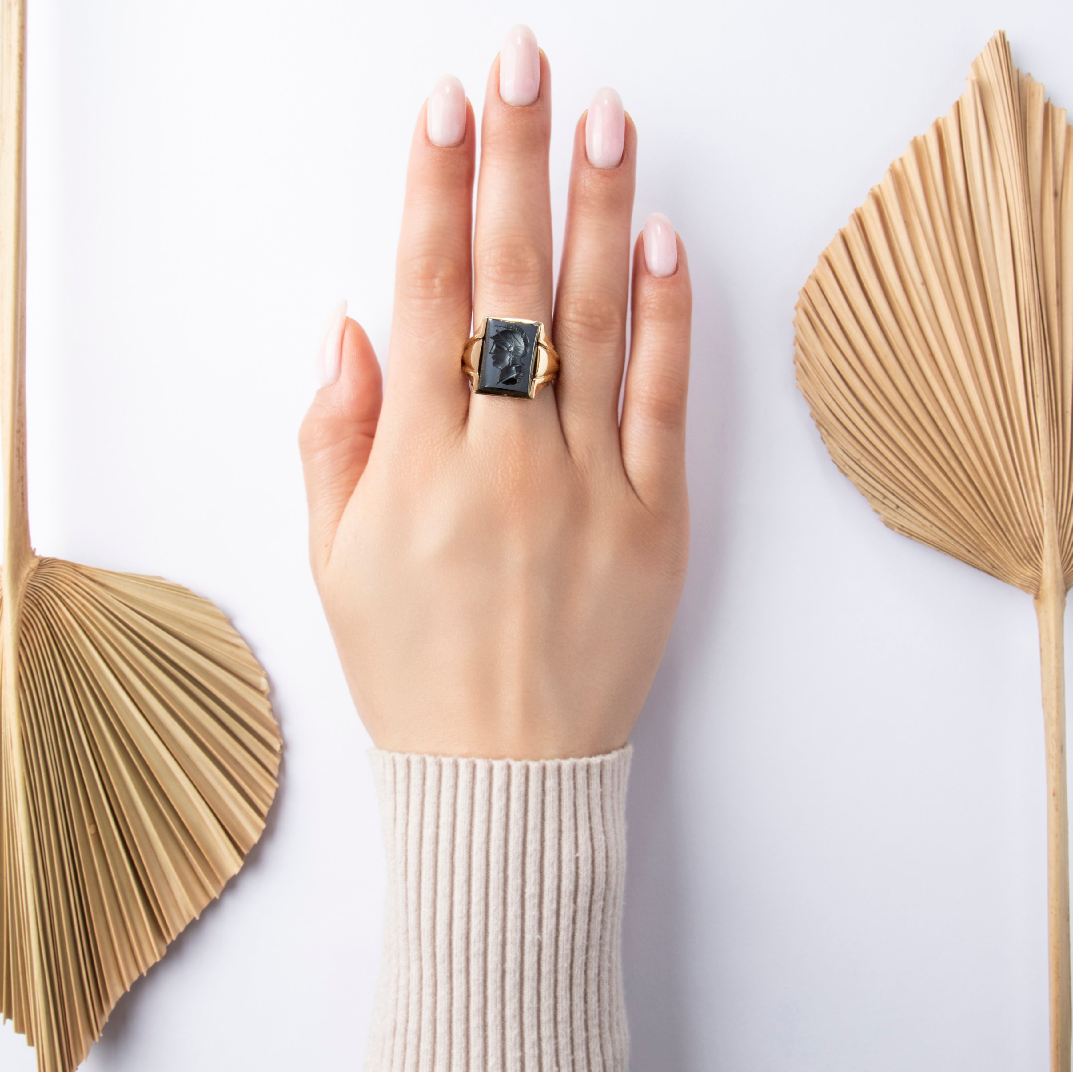 Vintage 10k Yellow Gold 9.69ct Hematite Heavy Intaglio Soldier Signet Ring - On model view