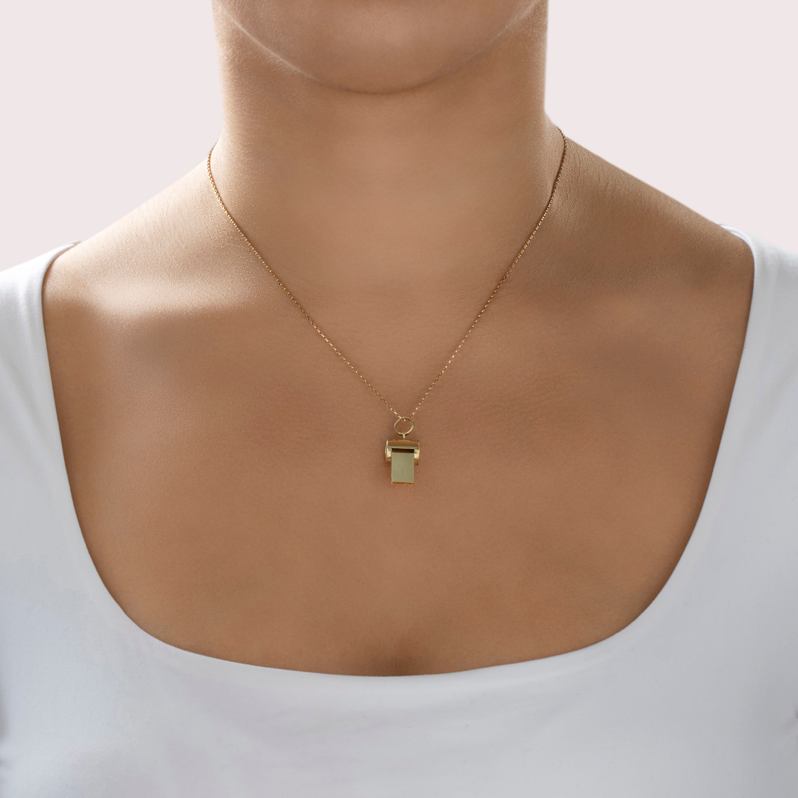 Vintage Italian 14k Yellow Gold Fantastic Functional Whistle Charm / Pendant - On model view