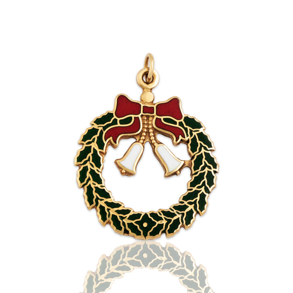 Vintage 14k Yellow Gold Jolly Holiday Wreath Charm / Pendant