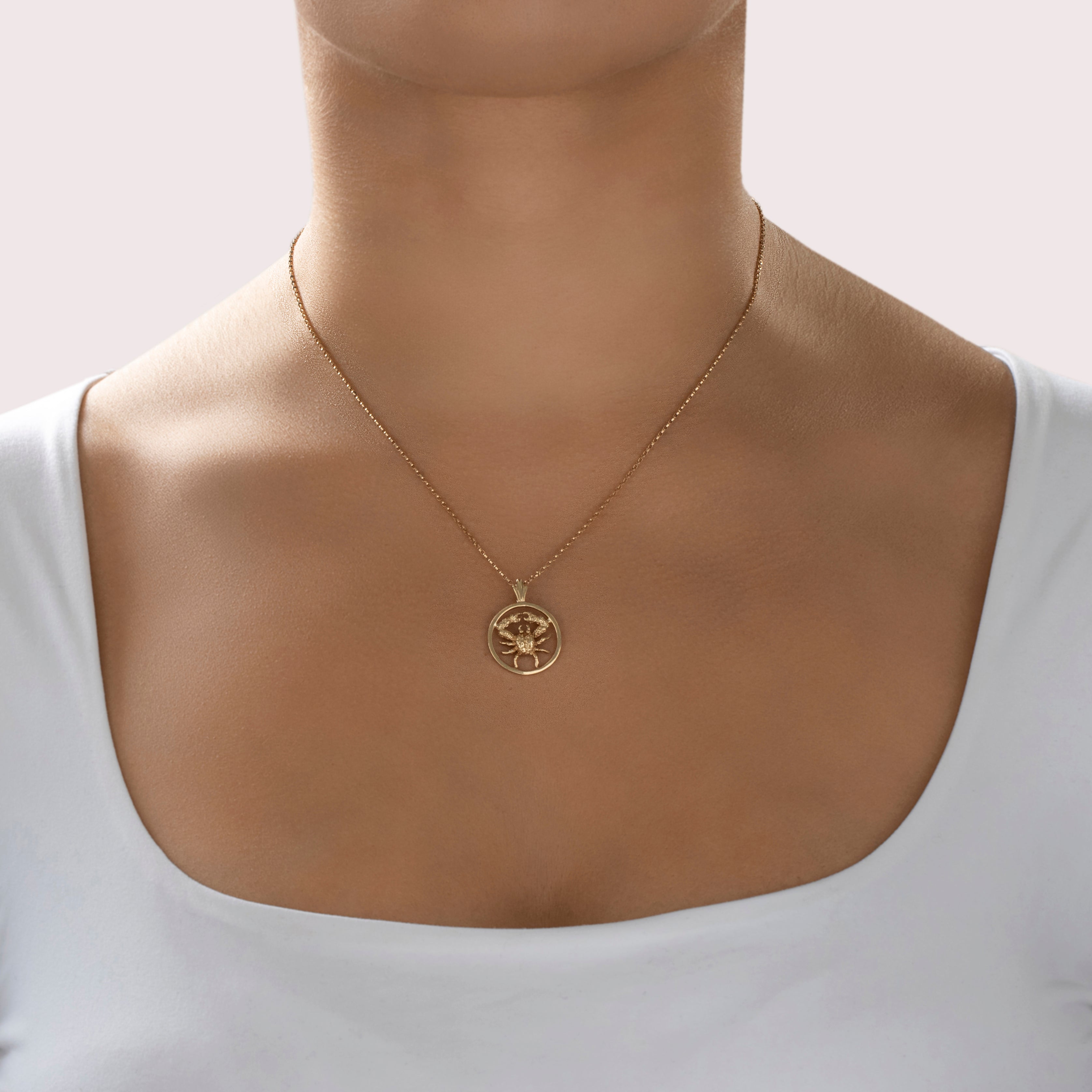 Vintage 14k Yellow Gold Cancer Zodiac Pendant - On model view