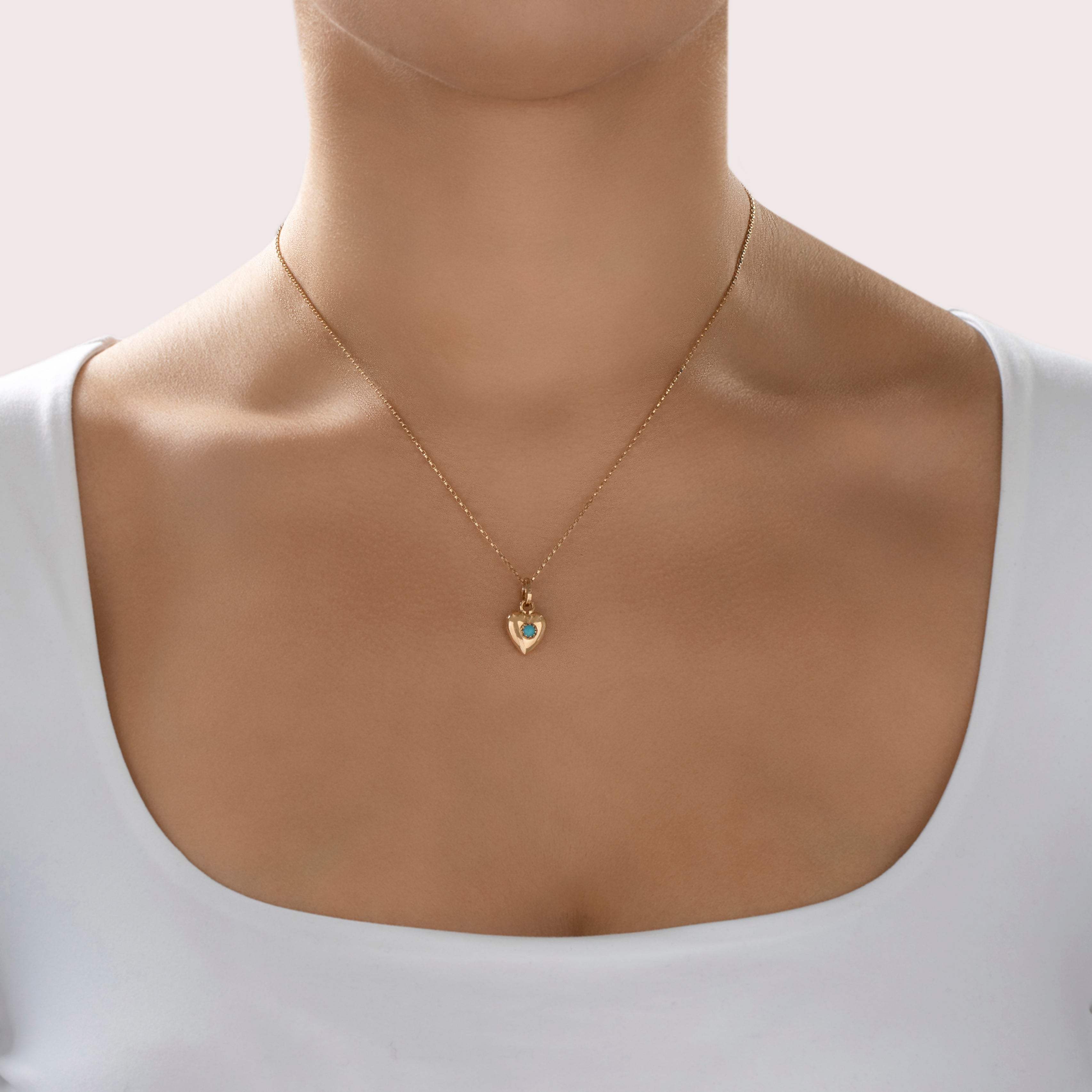 Vintage Italian 18k Rosy Yellow Gold Turquoise Heart Solitaire Charm / Pendant - On model view