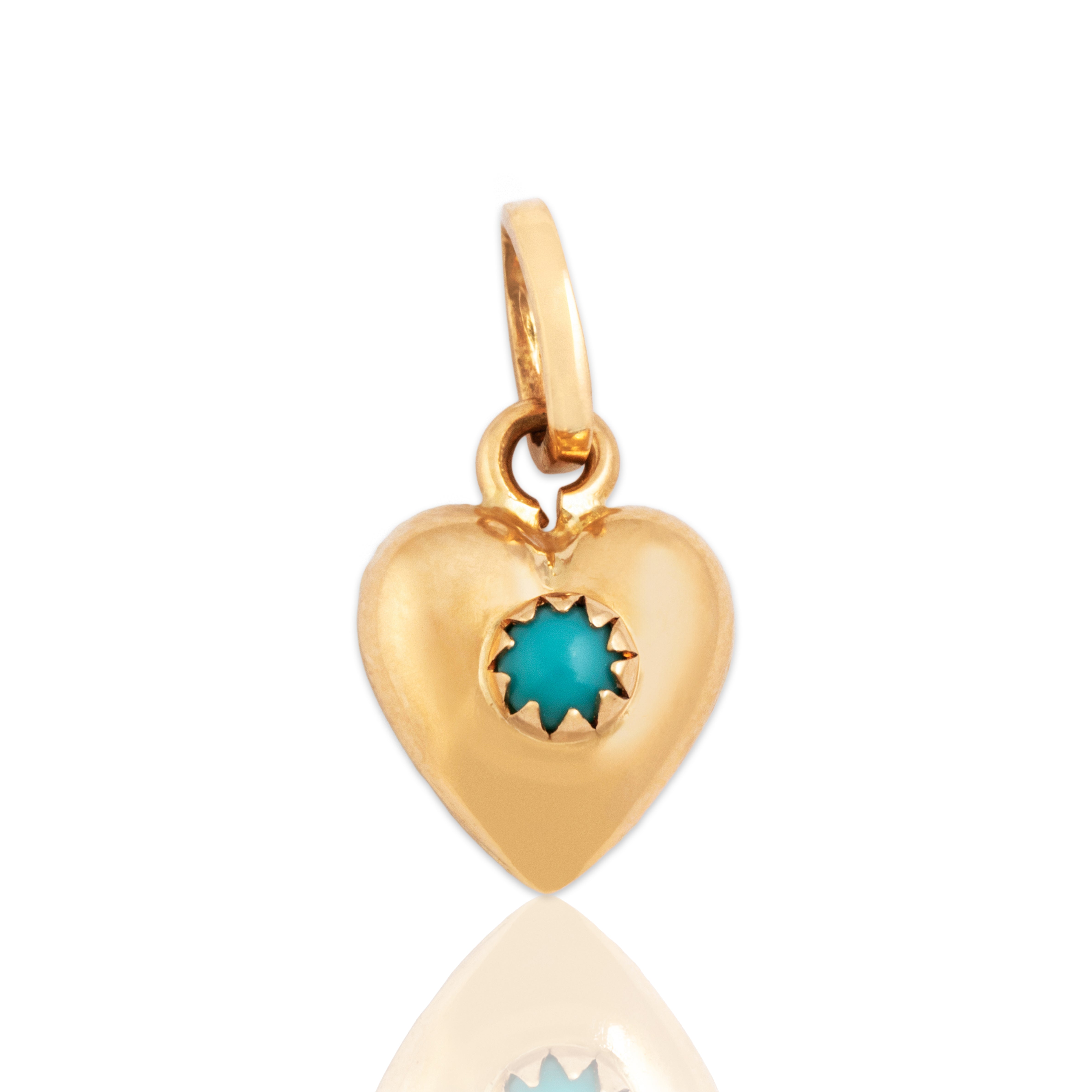 Vintage Italian 18k Rosy Yellow Gold Turquoise Puffy Heart Charm / Pendant