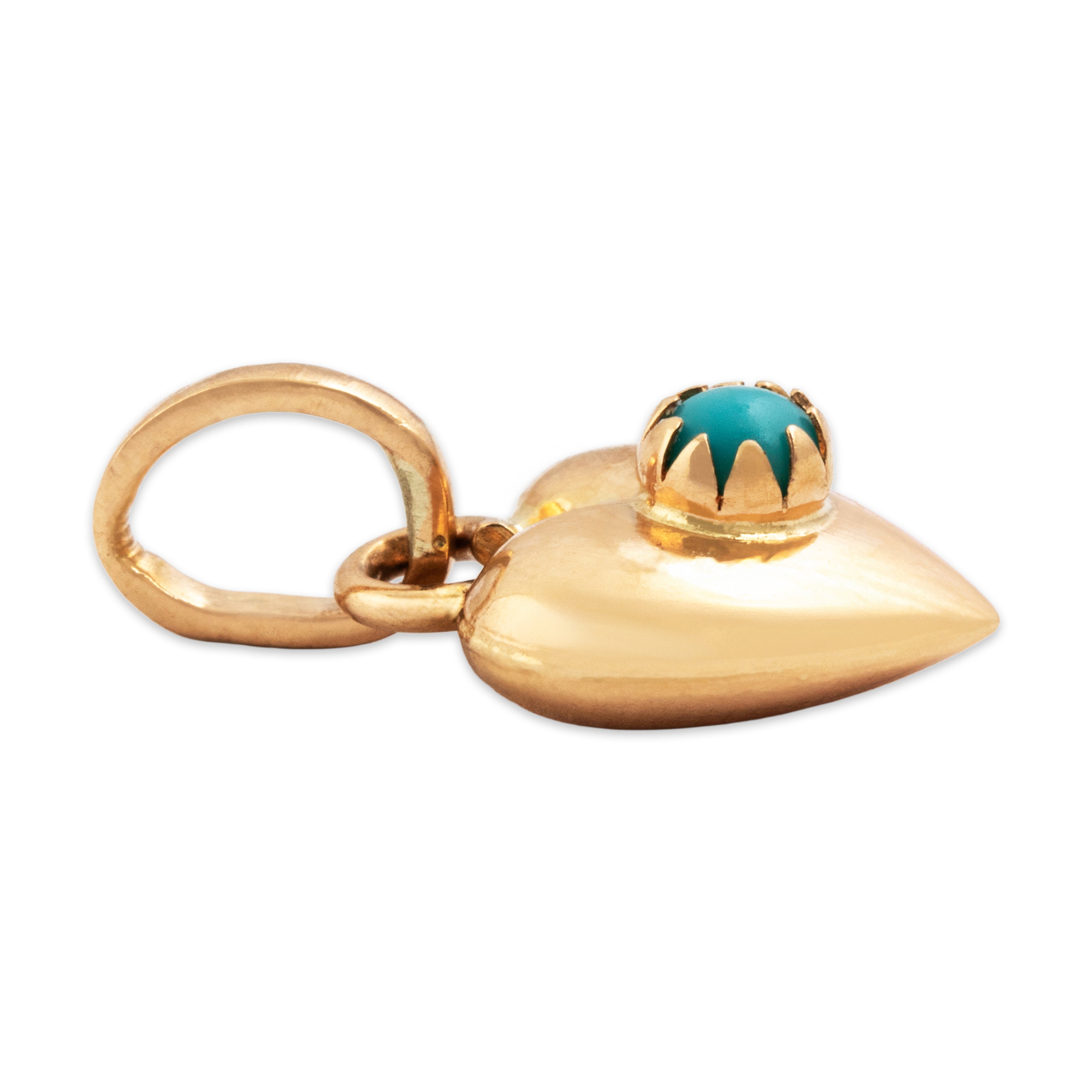 Vintage Italian 18k Rosy Yellow Gold Turquoise Heart Solitaire Charm / Pendant - Side view