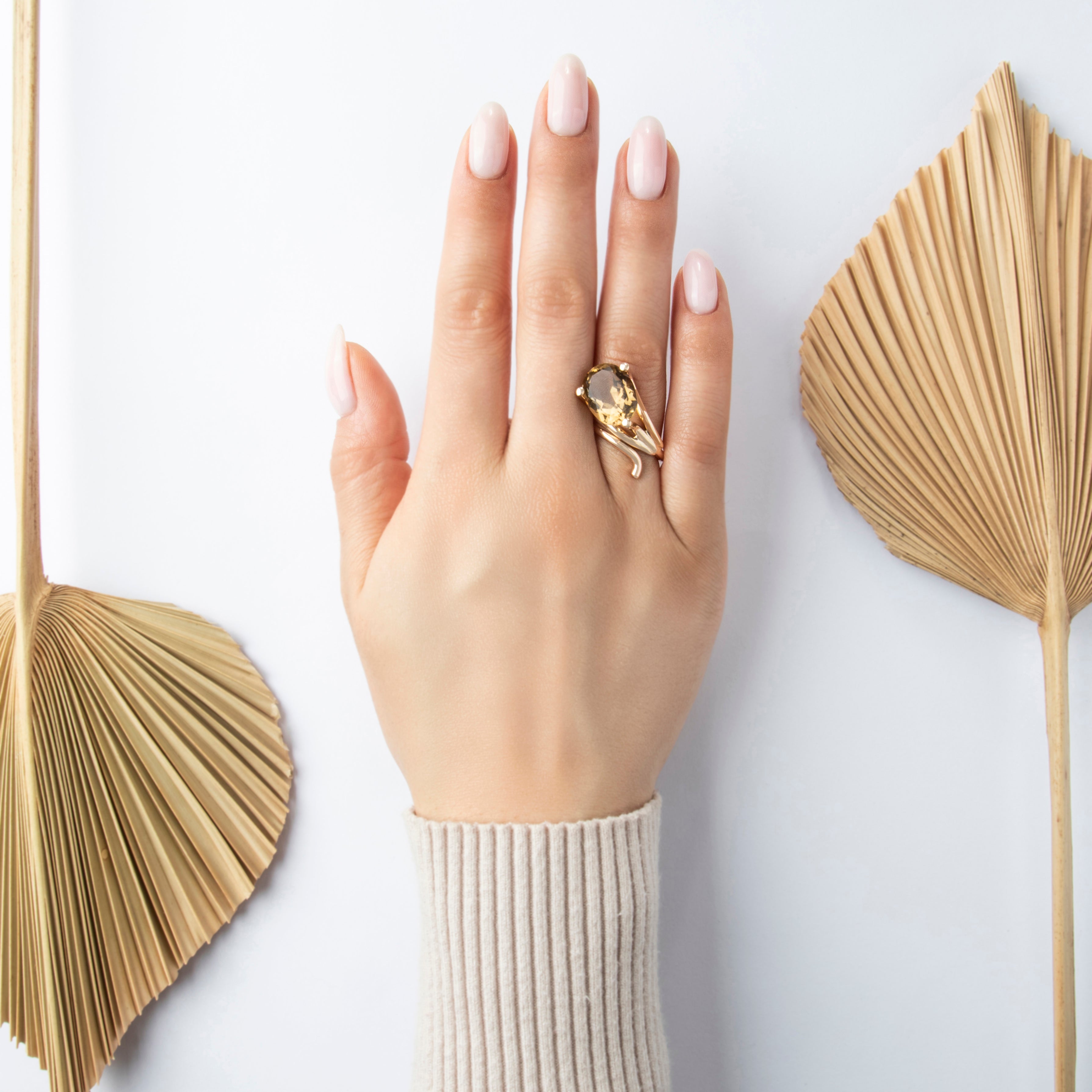 Vintage 14k Rose Gold 7.57ct Smoky Citrine Dramatic Wrapping Twist Cocktail Ring - On model view