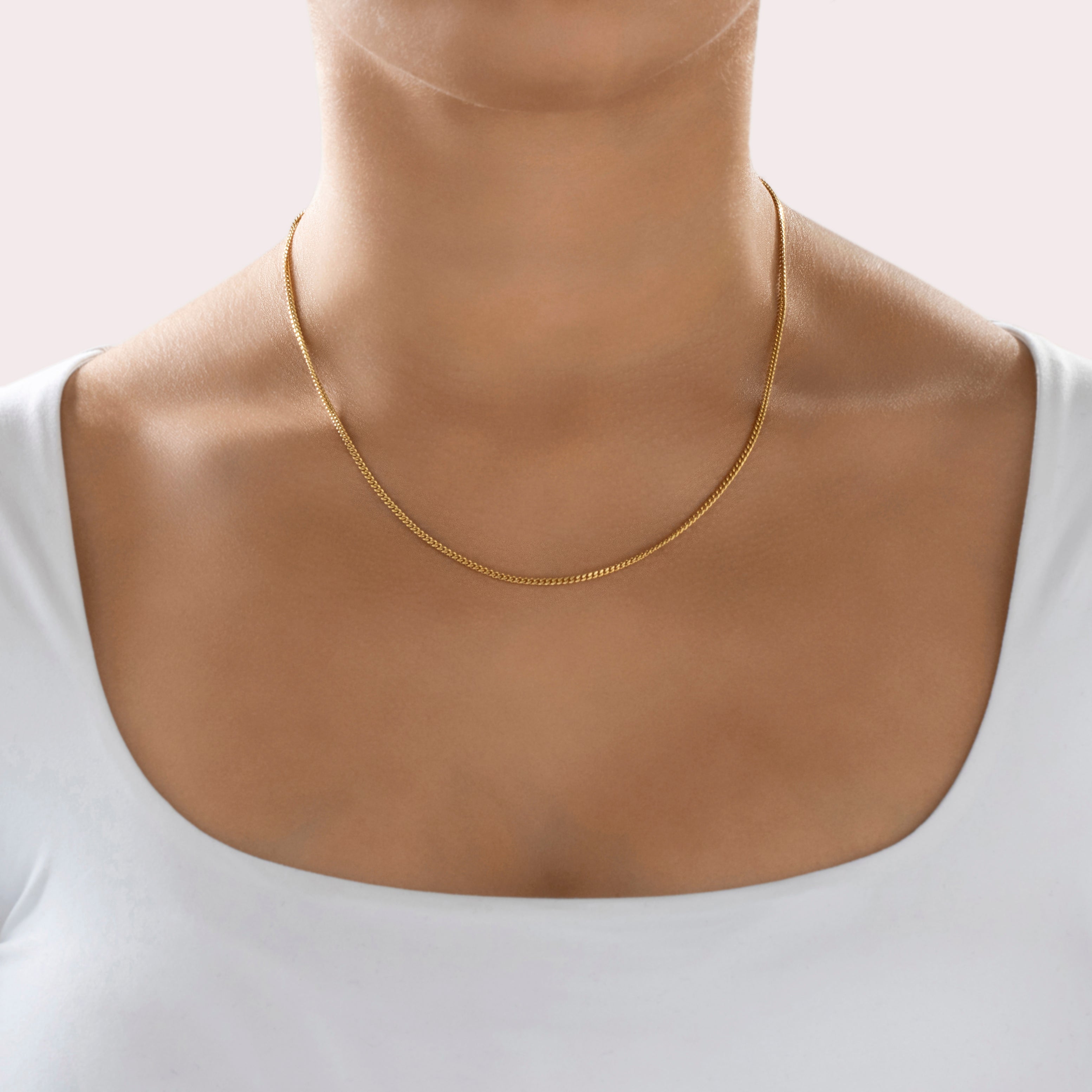 Vintage 14k Yellow Gold Sleek Curb Chain Necklace - On model view