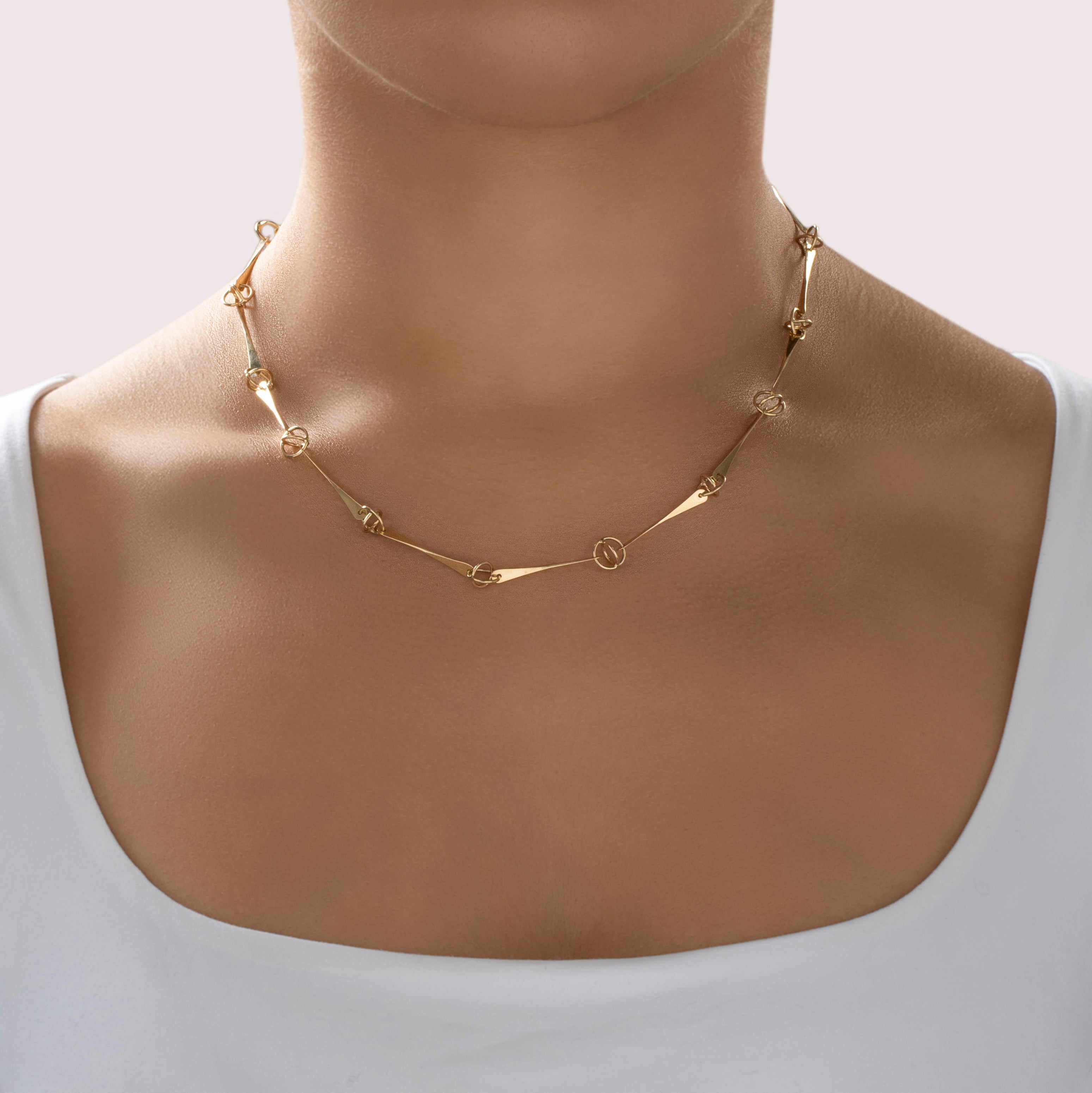 Vintage 14k Yellow Gold Orbital Bar Link Necklace - On model view
