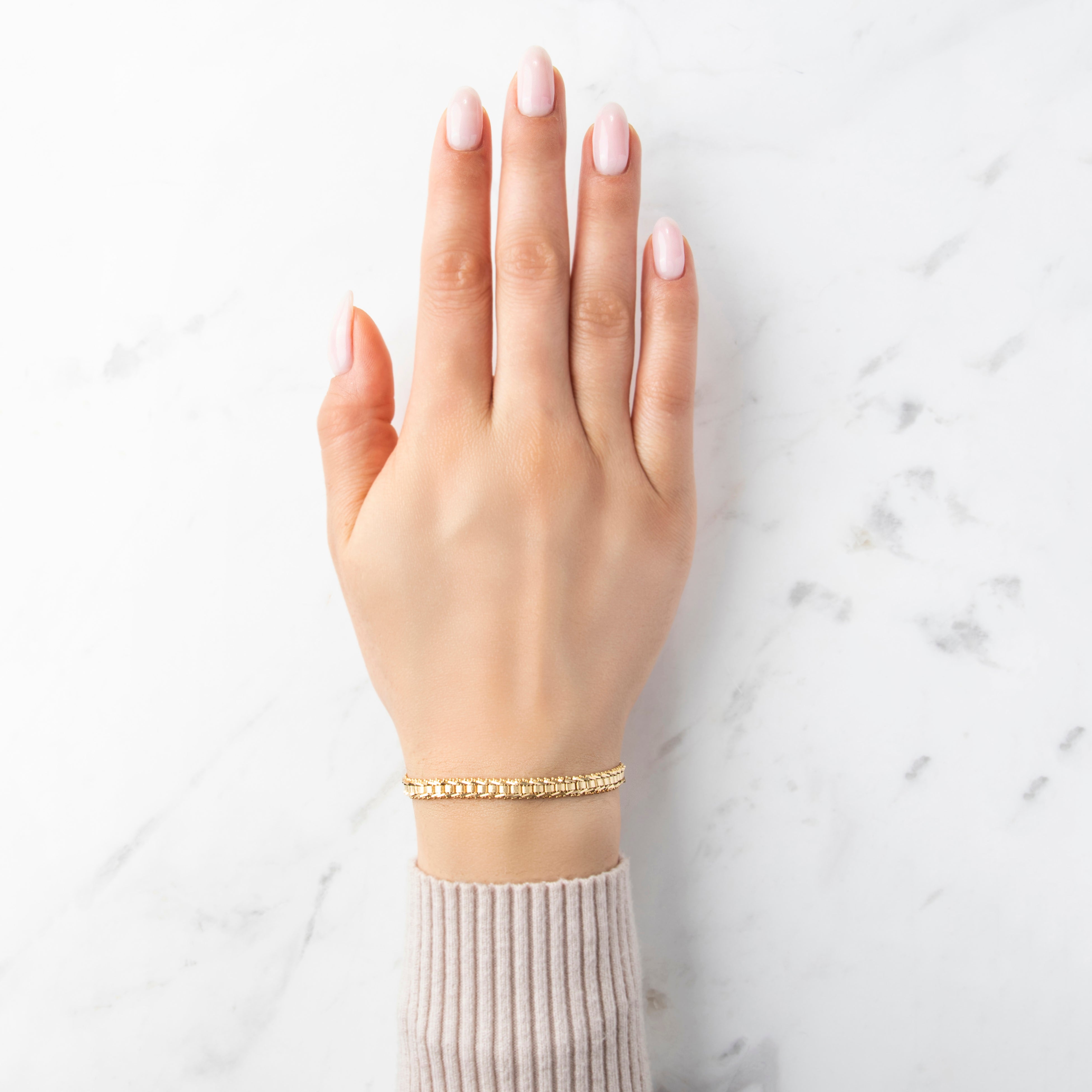 Vintage 14k Yellow Gold Framed Textured Channel Bracelet - On model view