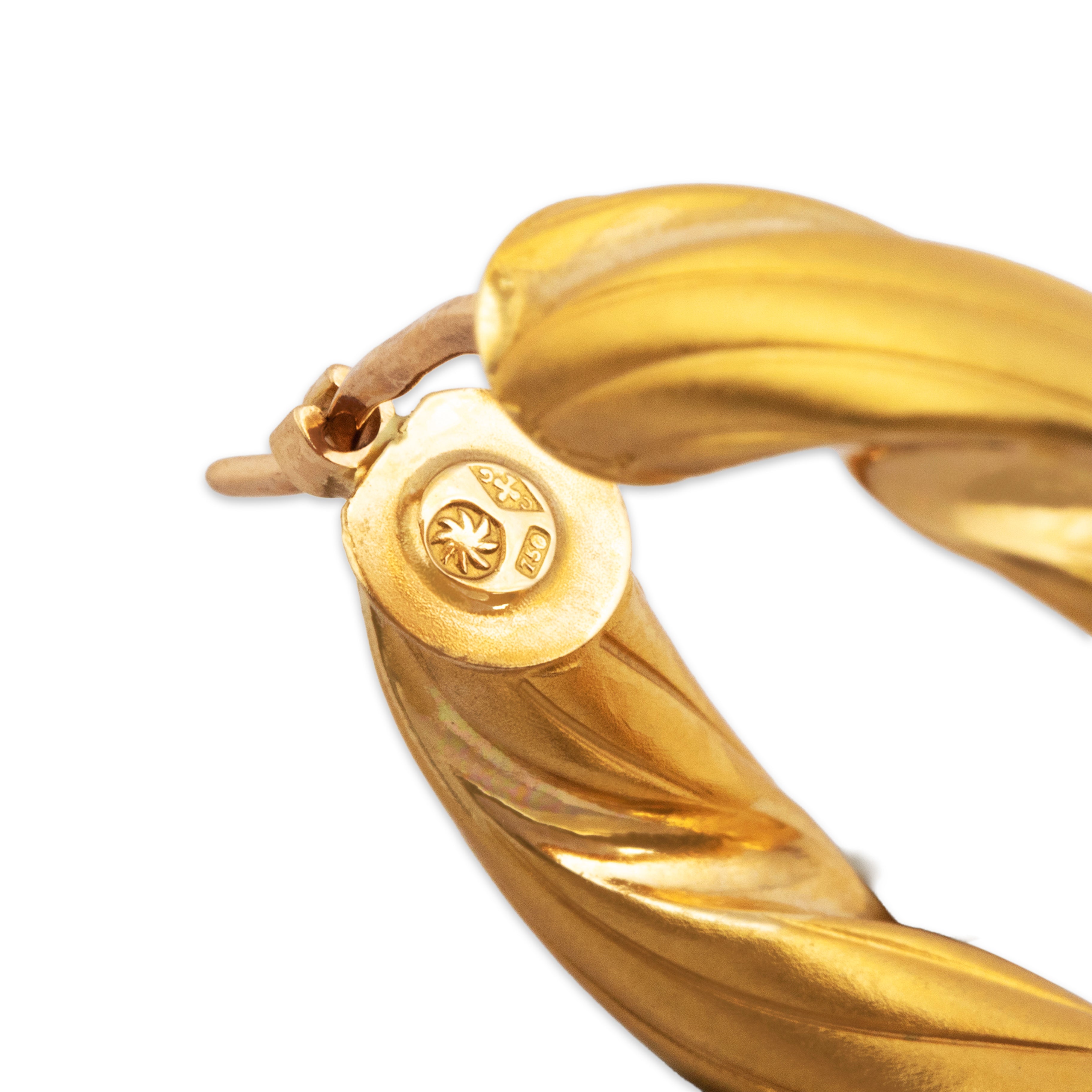 Vintage Italian 18k Yellow Gold Bold Twisted Rope Hoop Earrings - Hallmark view