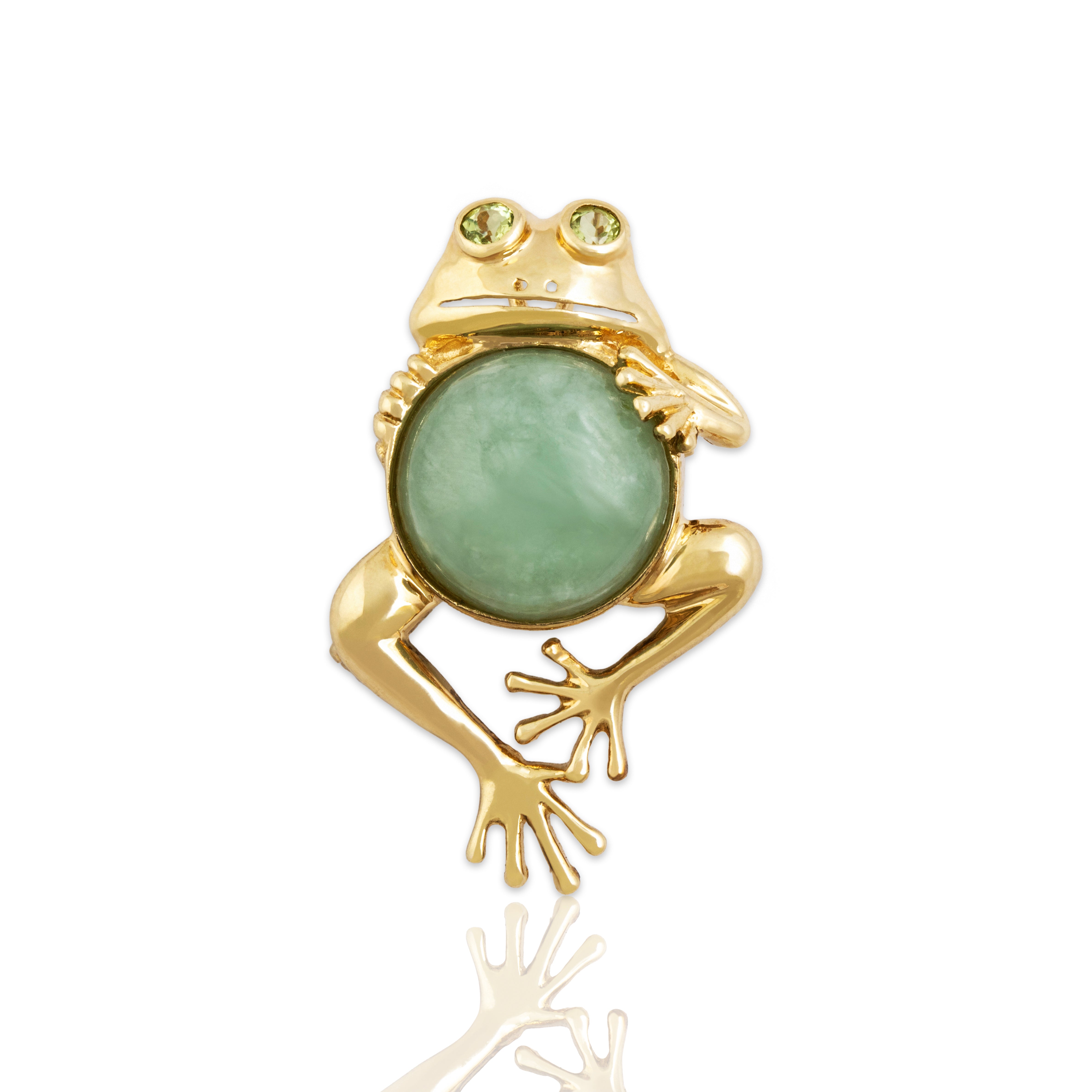 Vintage 10k Yellow Gold 5.3ct Jade Peridot Whimsical Friendly Frog Pin / Pendant