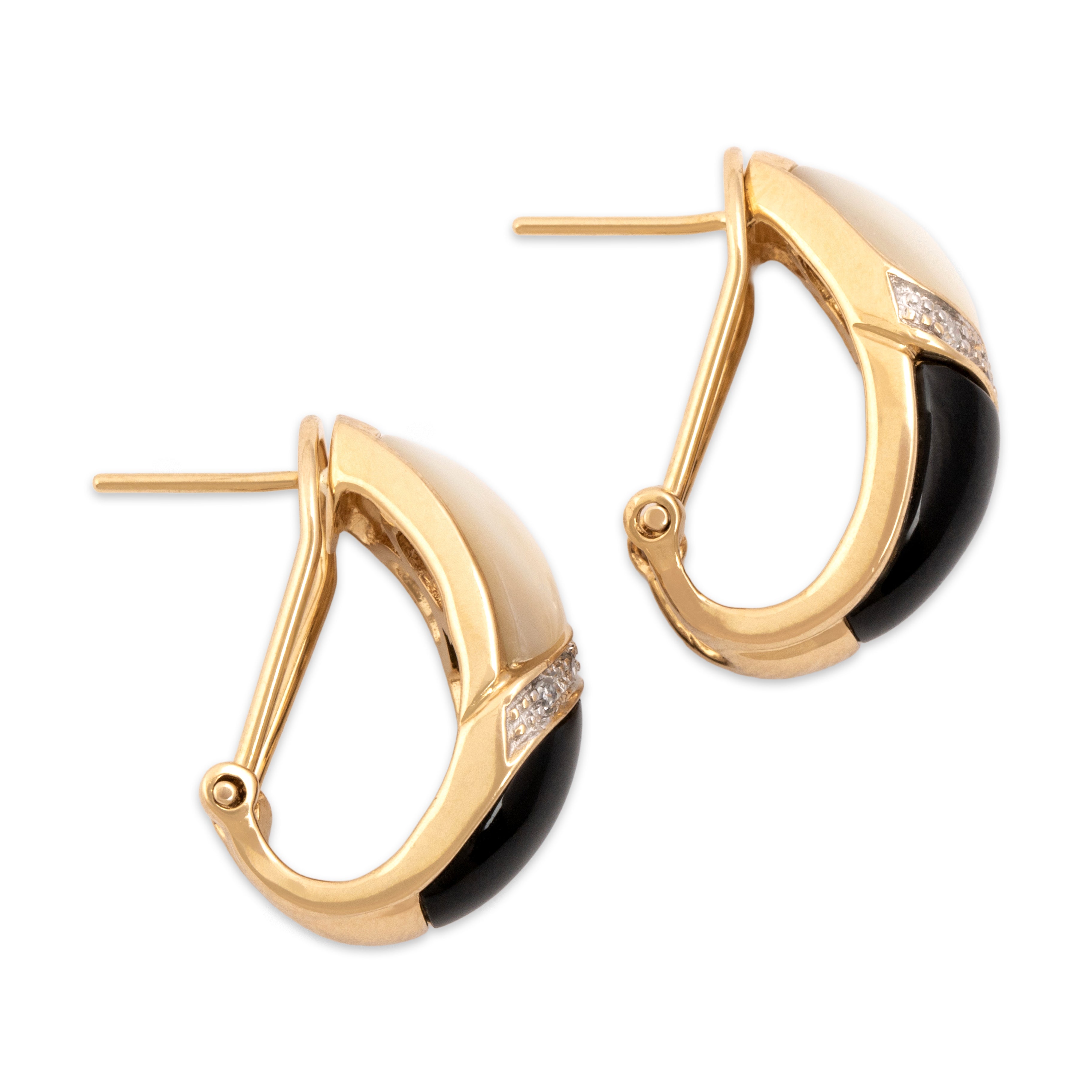 Vintage 14k Yellow Gold Diamond Mother Of Pearl Onyx Sparkling Yin Yang Inlay Omega Back Earrings - Side view