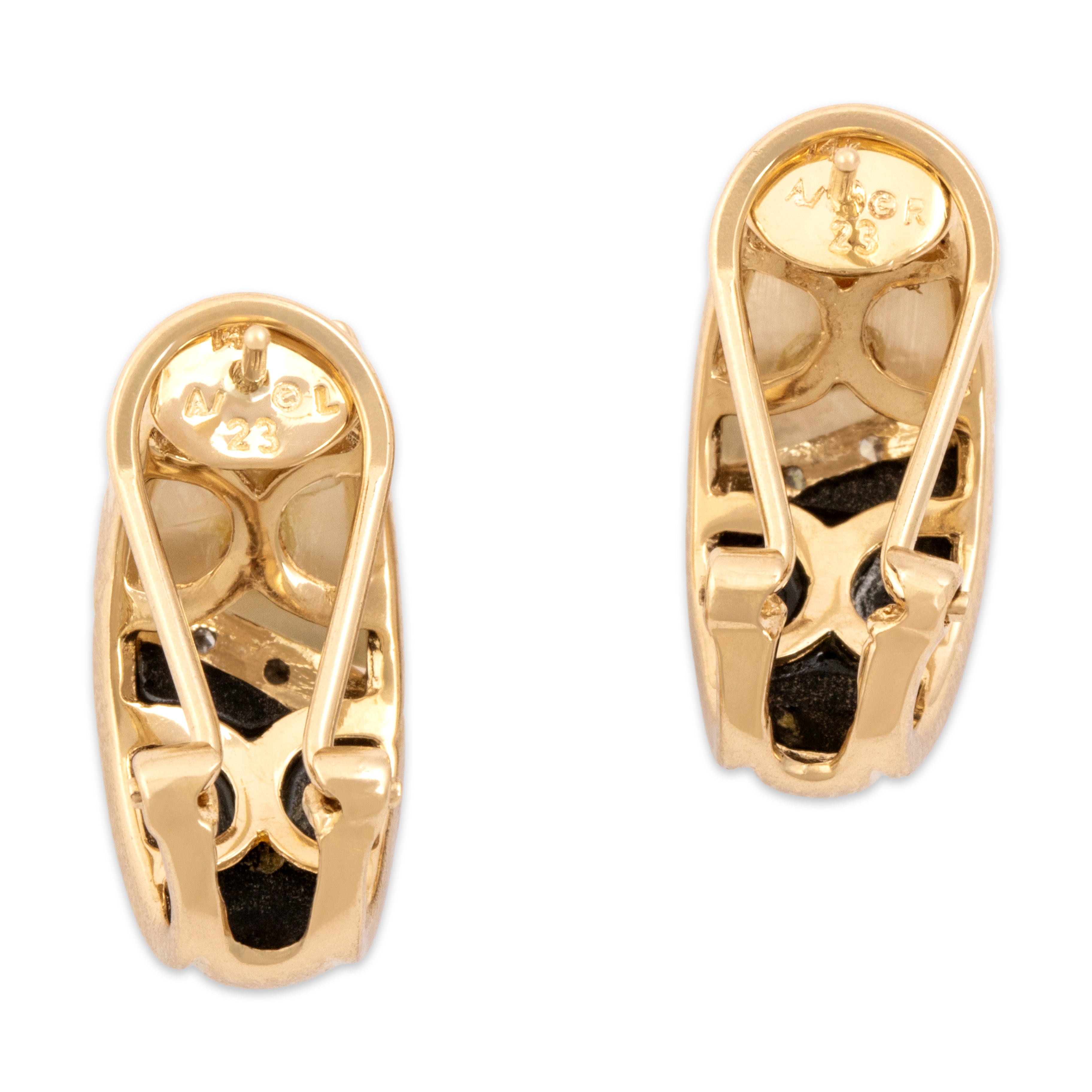 Vintage 14k Yellow Gold Diamond Mother Of Pearl Onyx Sparkling Yin Yang Inlay Omega Back Earrings - Back view