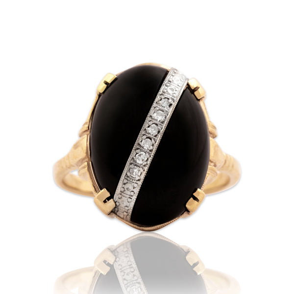 Vintage 14k Yellow Gold 6.68ct Onyx Diamond Decorated Diagonal Ring 8.50