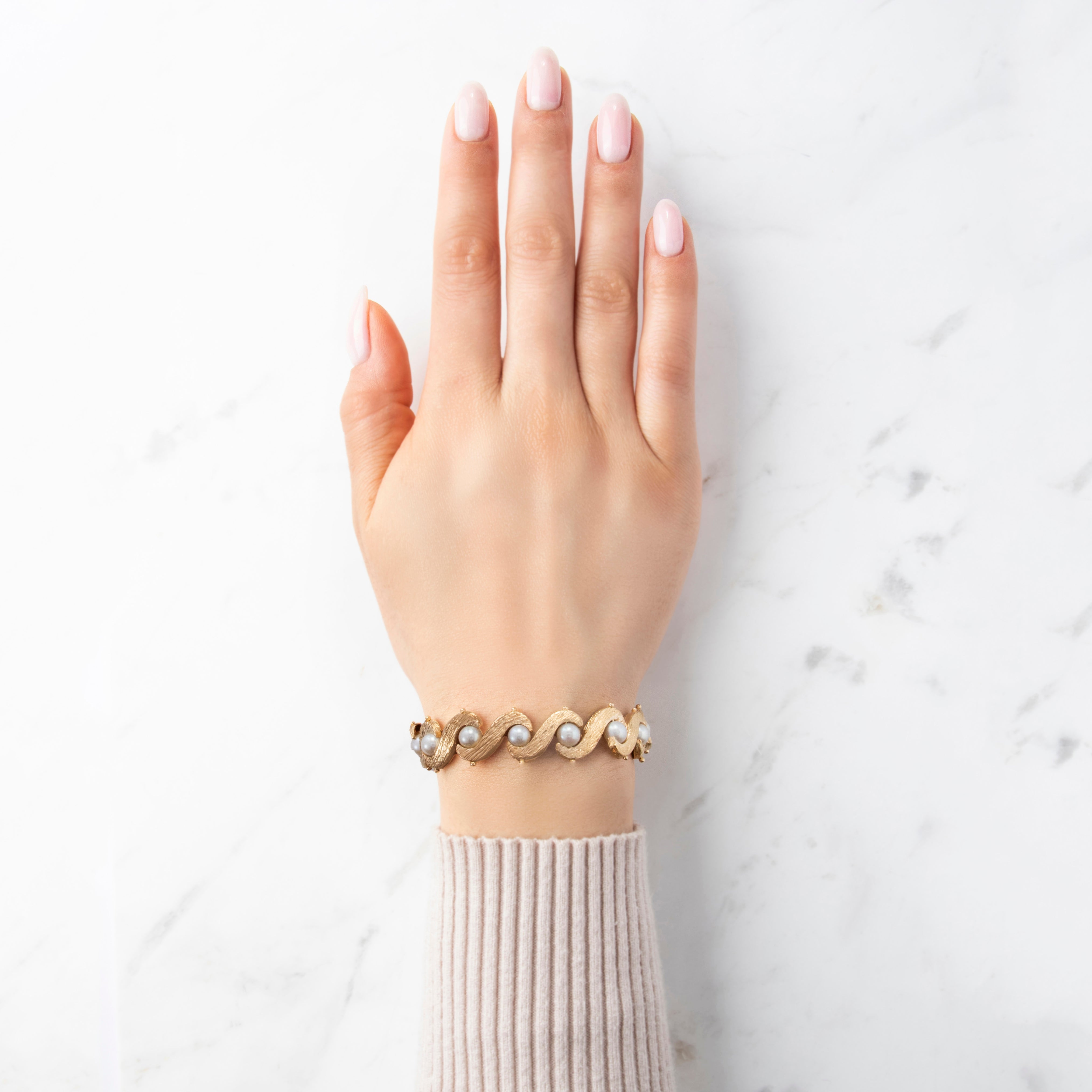 Vintage 14k Yellow Gold Pearl S-Link Bracelet - On model view