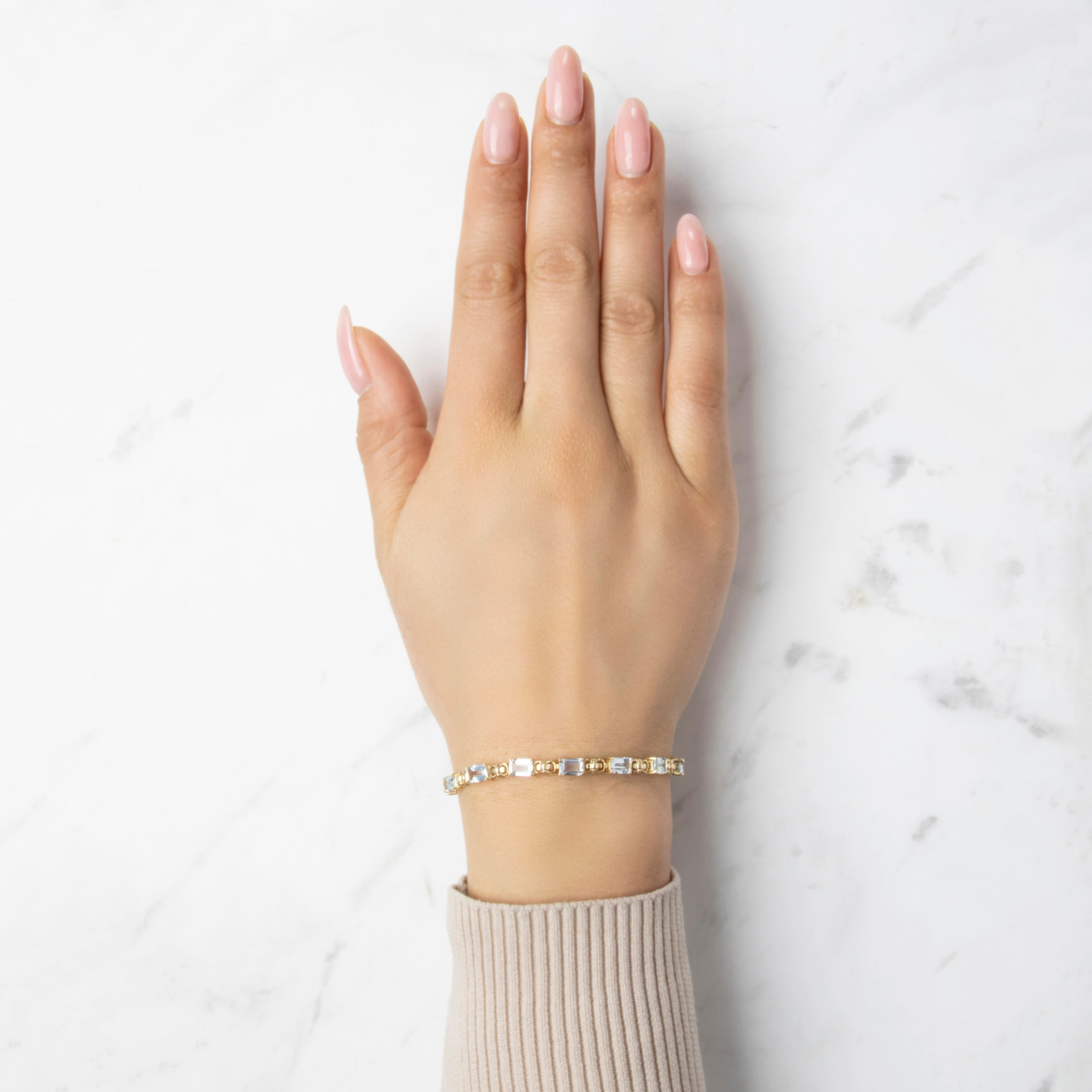 Vintage 10k Yellow Gold Aquamarine Elegant Geometric Bracelet - On model view