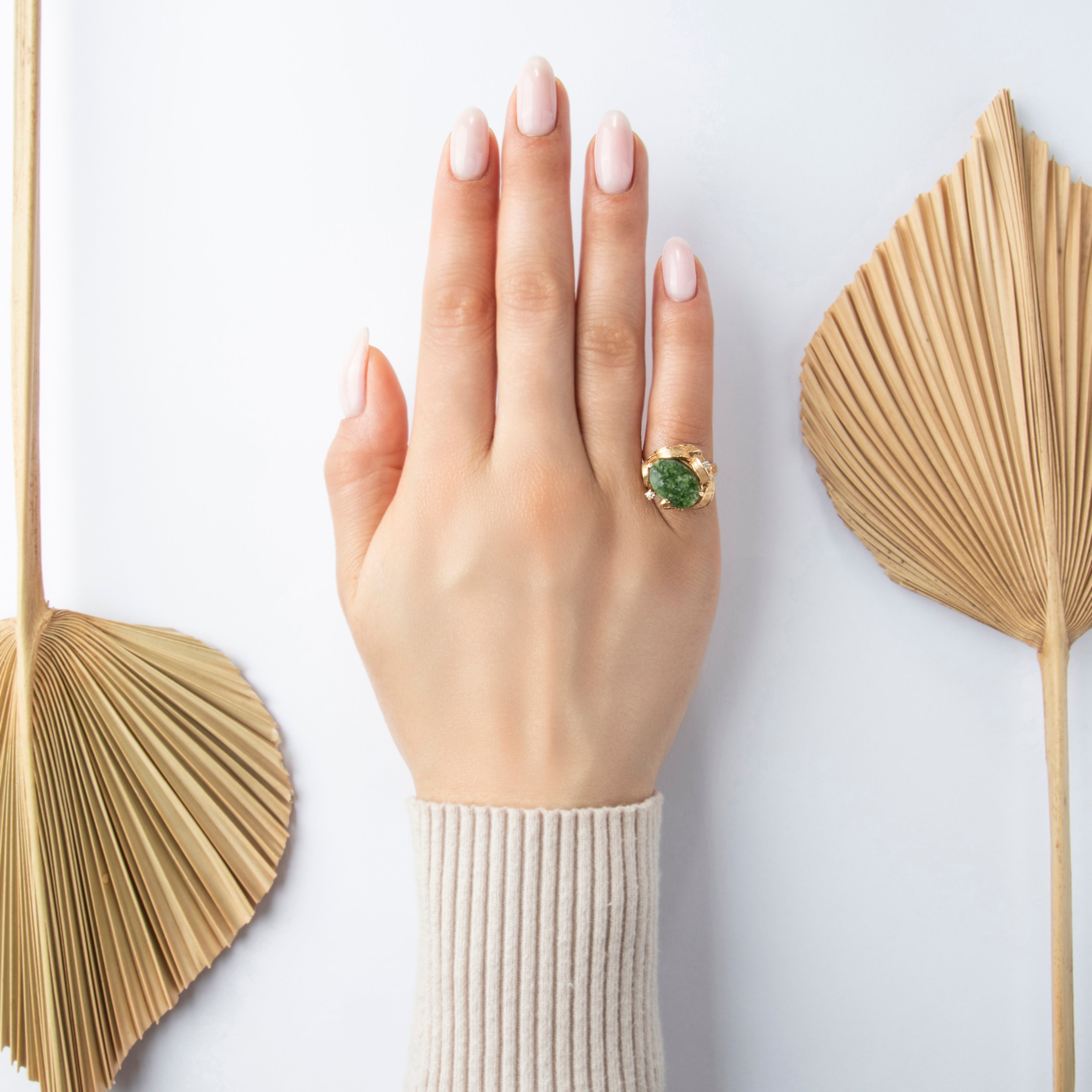 Vintage 14k Yellow Gold 2.86ct Spinach Jade Diamond Impressive Scrolling Shoulder Ring - On model view