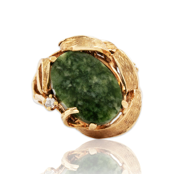 Vintage 14k Yellow Gold 2.86ct Spinach Jade Diamond Scrolling Shoulder Ring 6.00